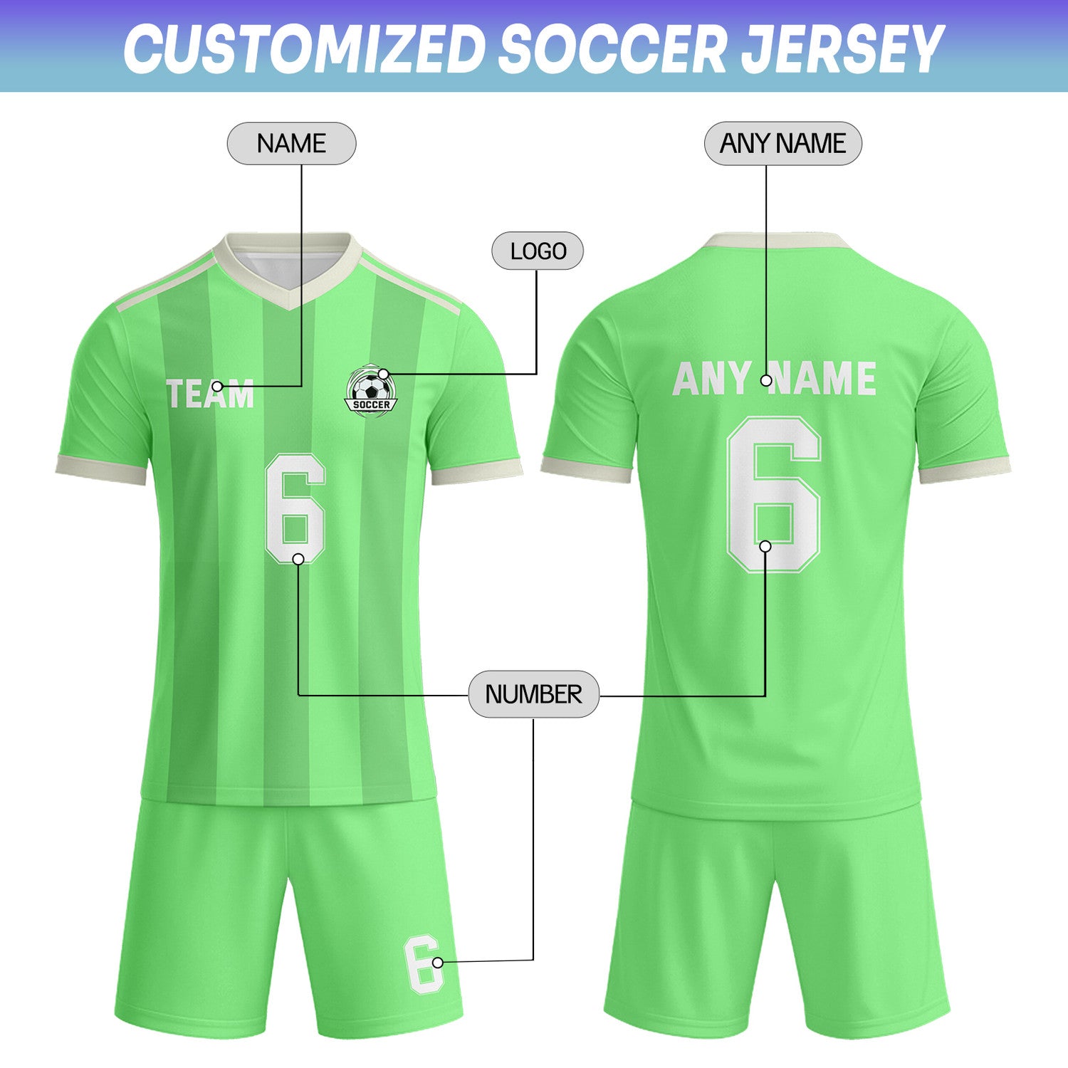 Custom Lime Green & White Striped Soccer Uniform Set for Teams & Individuals | Vosoli