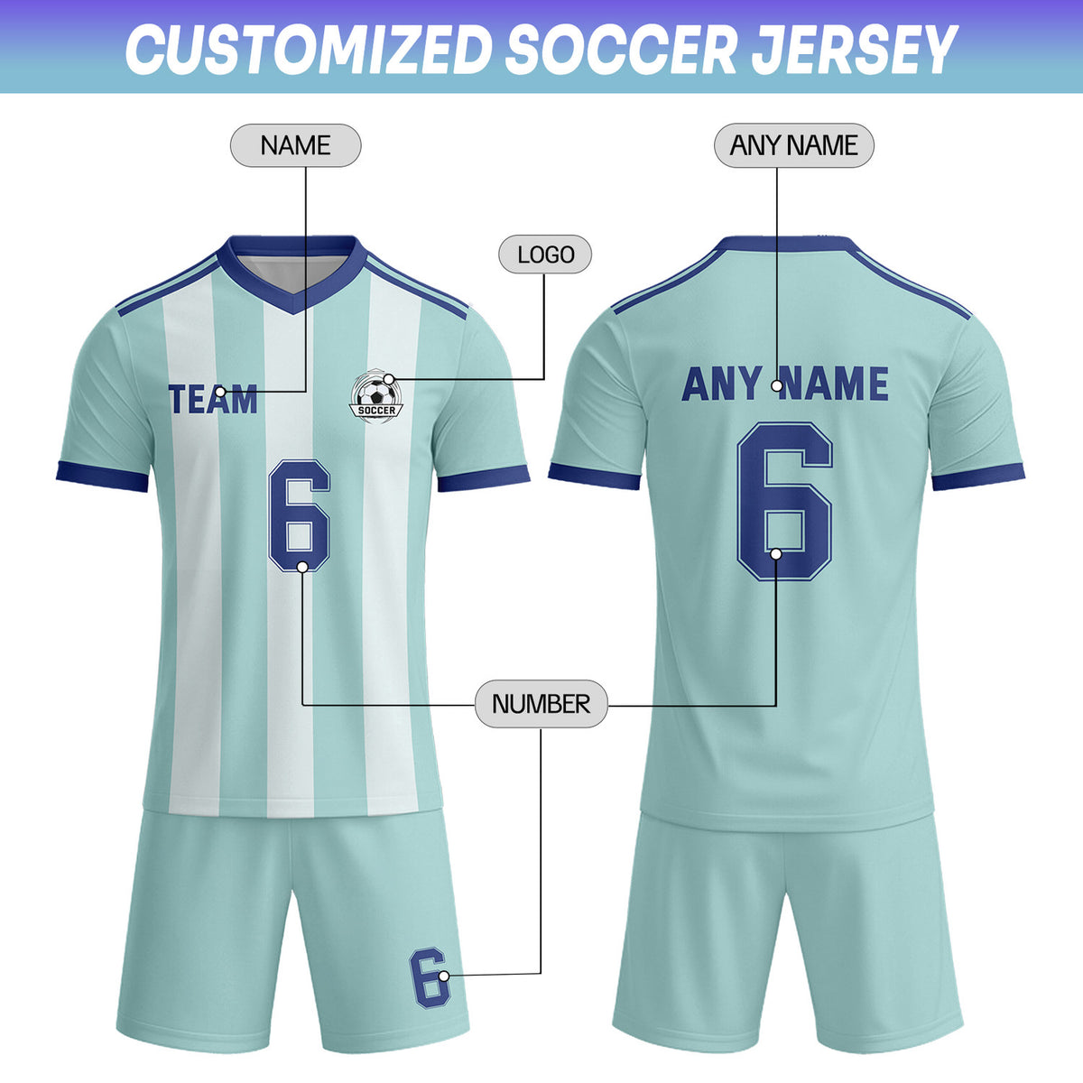 Custom Mint Green & White-Navy Striped Soccer Uniform Set for Teams & Individuals | Vosoli