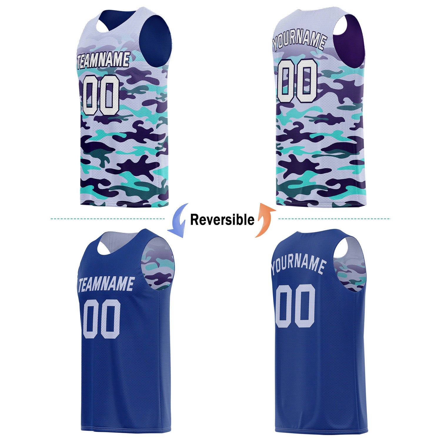 Custom Reversible Basketball Jersey for Individuals & Teams – Multi-Color Camo & Navy | Vosoli