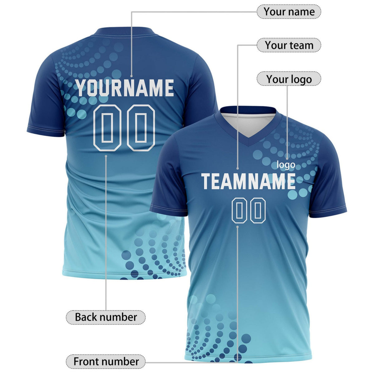 Custom Navy & Aqua Dot Pattern Ombre Soccer Jersey for Teams & Individuals | Vosoli