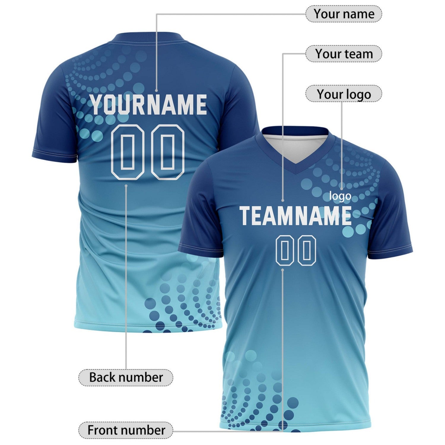 Custom Navy & Aqua Dot Pattern Ombre Soccer Jersey for Teams & Individuals | Vosoli
