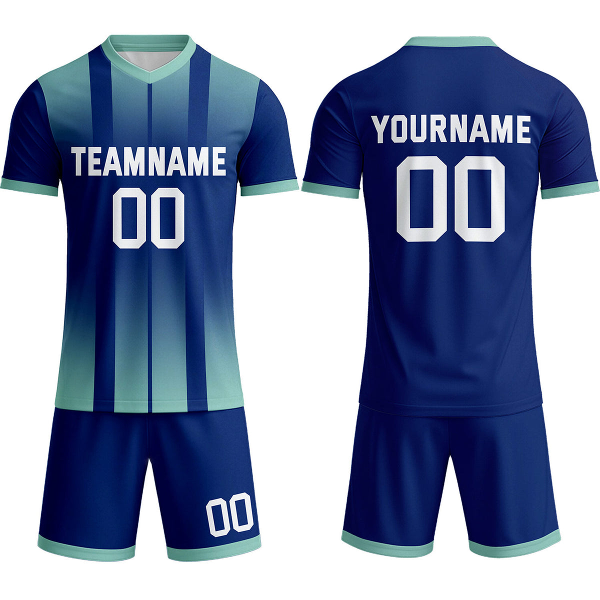 Custom Navy Blue &amp; Aqua Stripe Gradient Soccer Uniform Set for Teams &amp; Individuals | Vosoli
