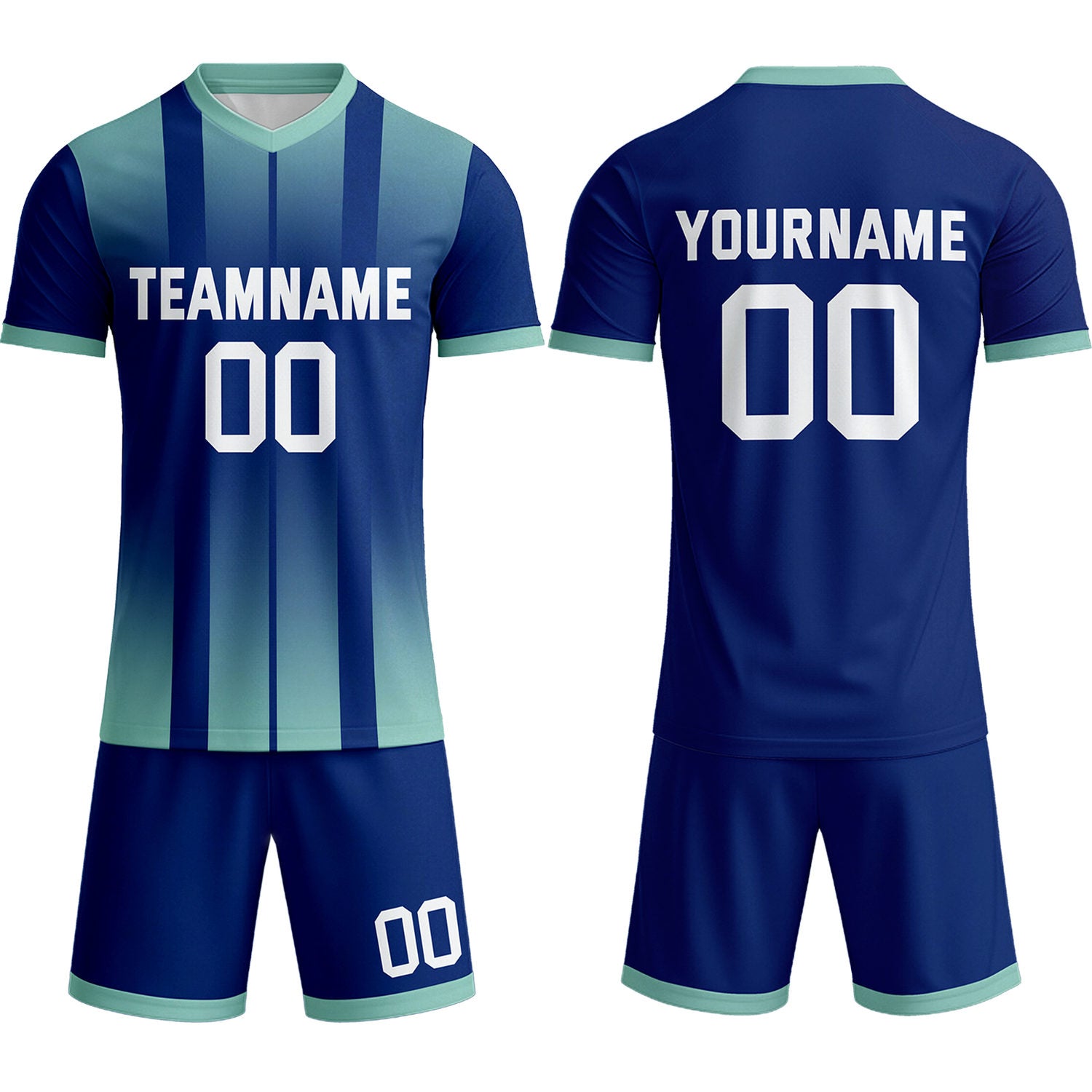 Custom Navy Blue & Aqua Stripe Gradient Soccer Uniform Set for Teams & Individuals | Vosoli