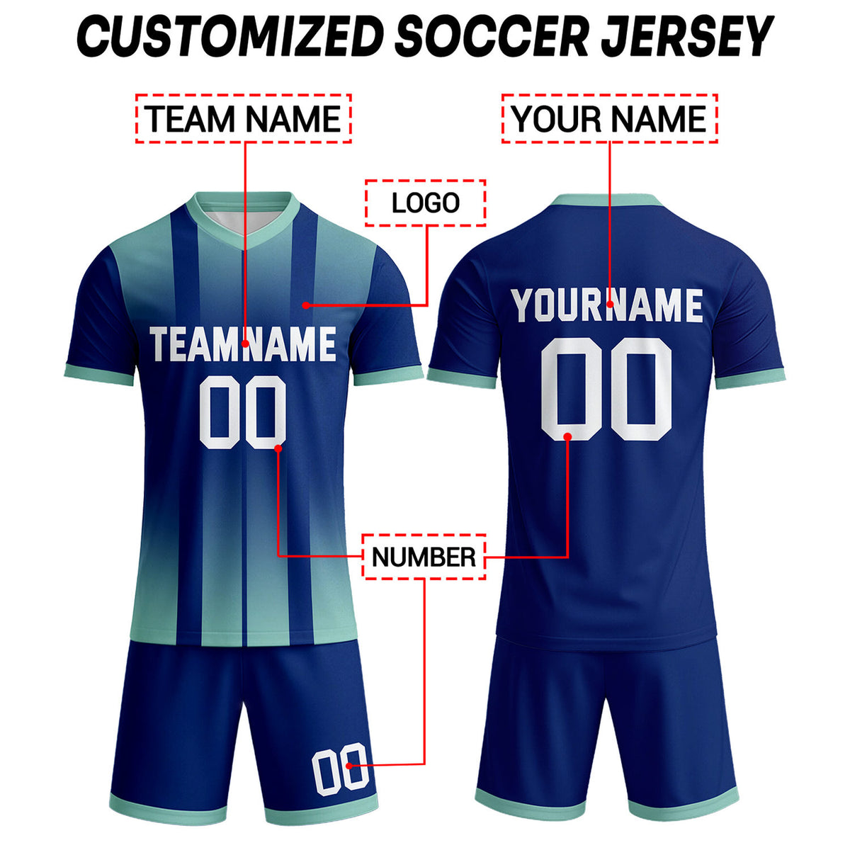 Custom Navy Blue & Aqua Stripe Gradient Soccer Uniform Set for Teams & Individuals | Vosoli