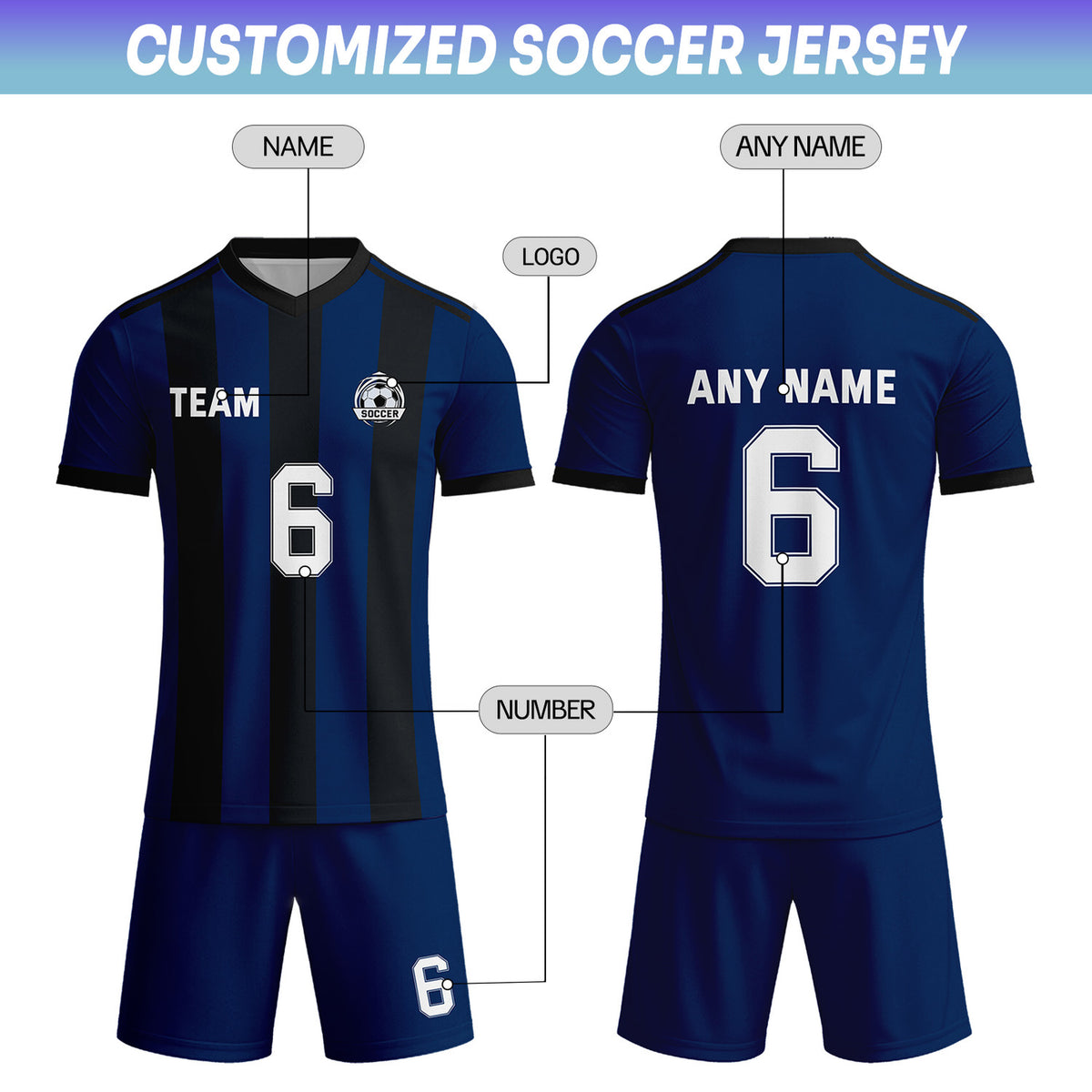 Custom Navy Blue & Black-White Striped Soccer Uniform Set for Teams & Individuals | Vosoli