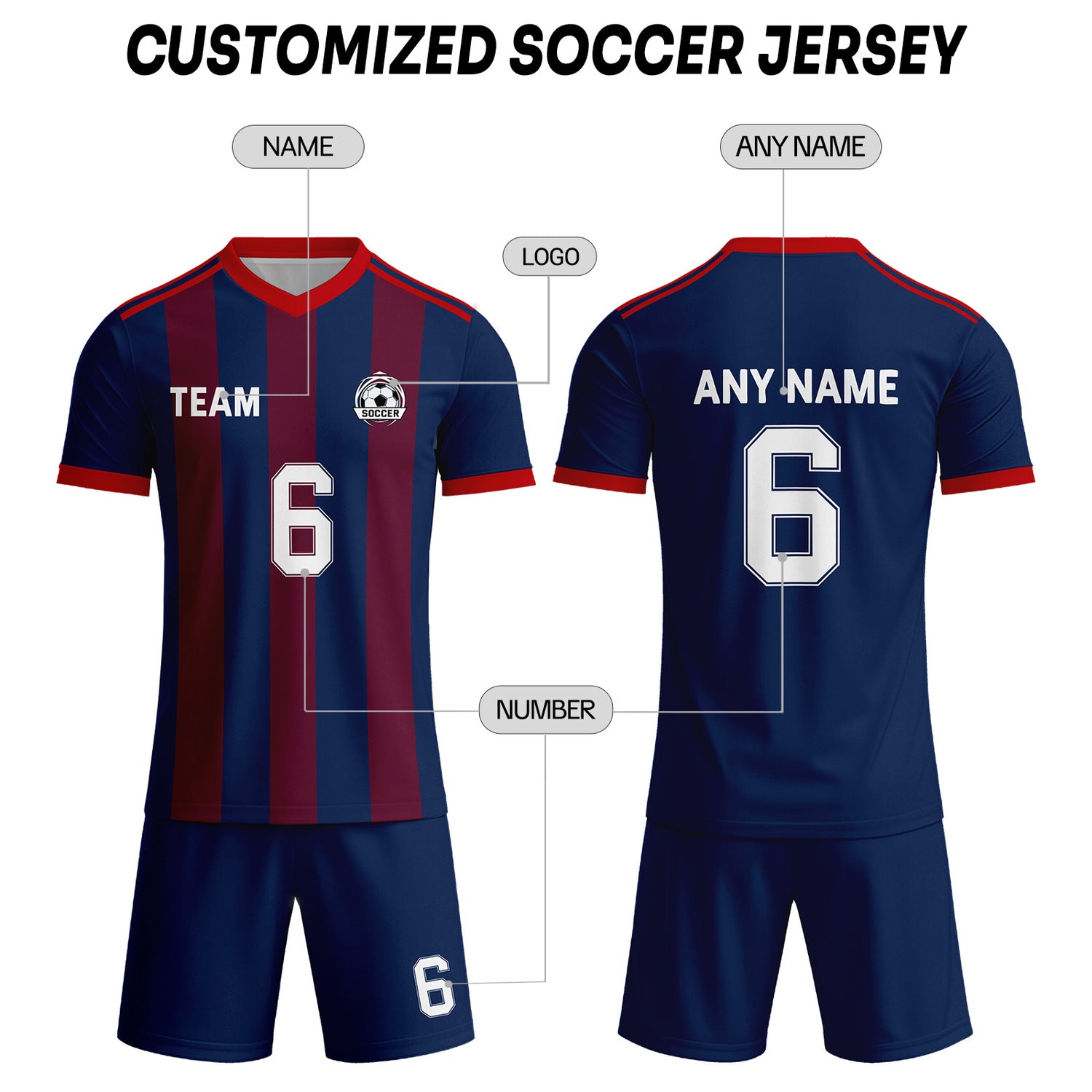 Custom Navy Blue & Burgundy-Red Striped Soccer Uniform Set for Teams & Individuals | Vosoli