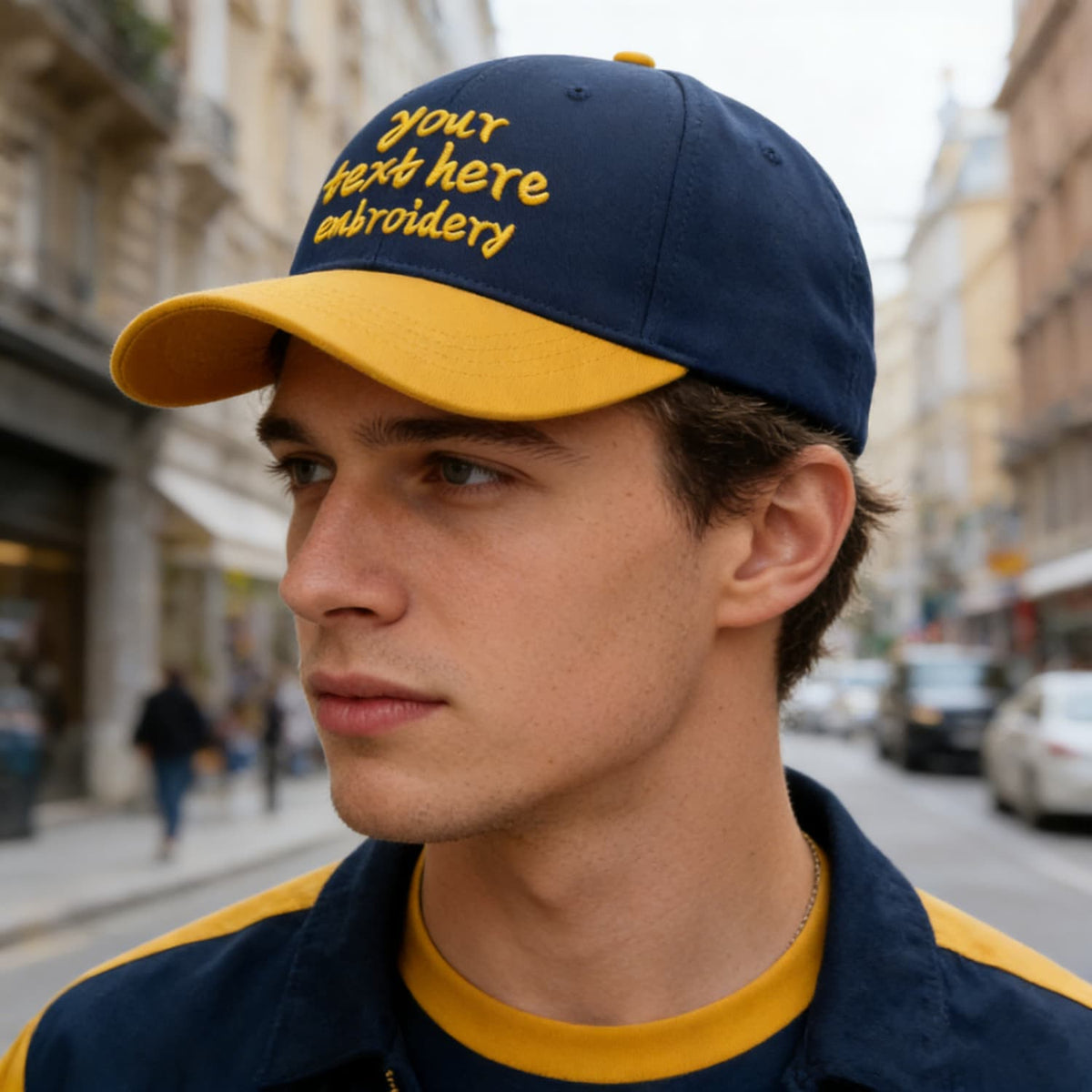 Vosoli Navy Blue & Gold Color-Block Baseball Cap - Unisex Custom 3D Embroidery or Print Ha