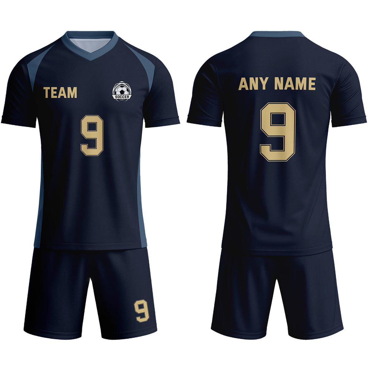 Custom Navy Blue &amp; Gold Soccer Uniform Set - Personalized Team Name &amp; Number | Vosoli