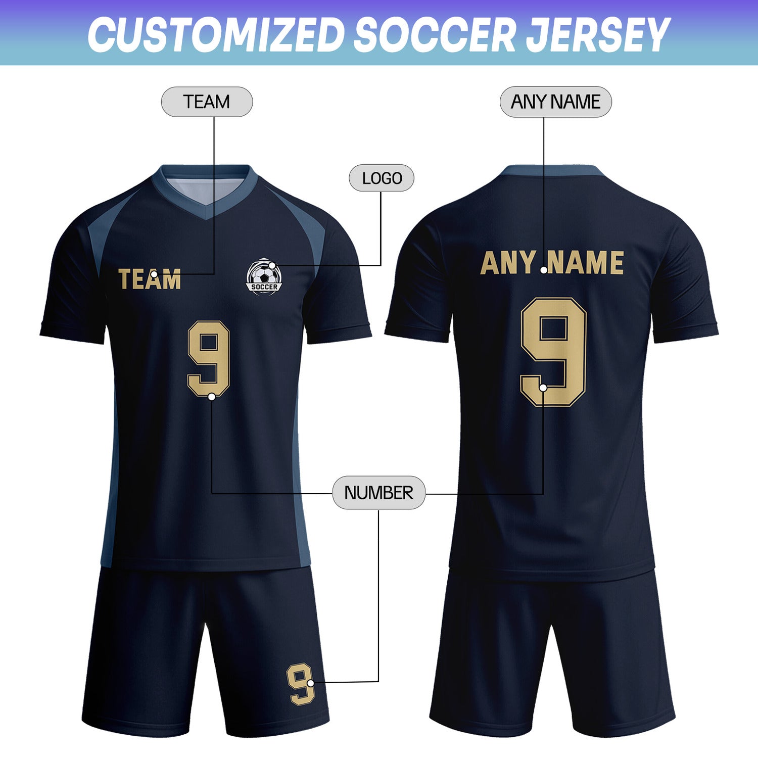 Custom Navy Blue & Gold Soccer Uniform Set - Personalized Team Name & Number | Vosoli