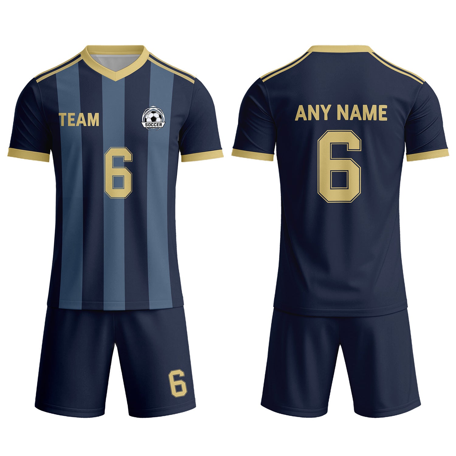 Custom Navy Blue & Gold Striped Soccer Uniform Set for Teams & Individuals | Vosoli