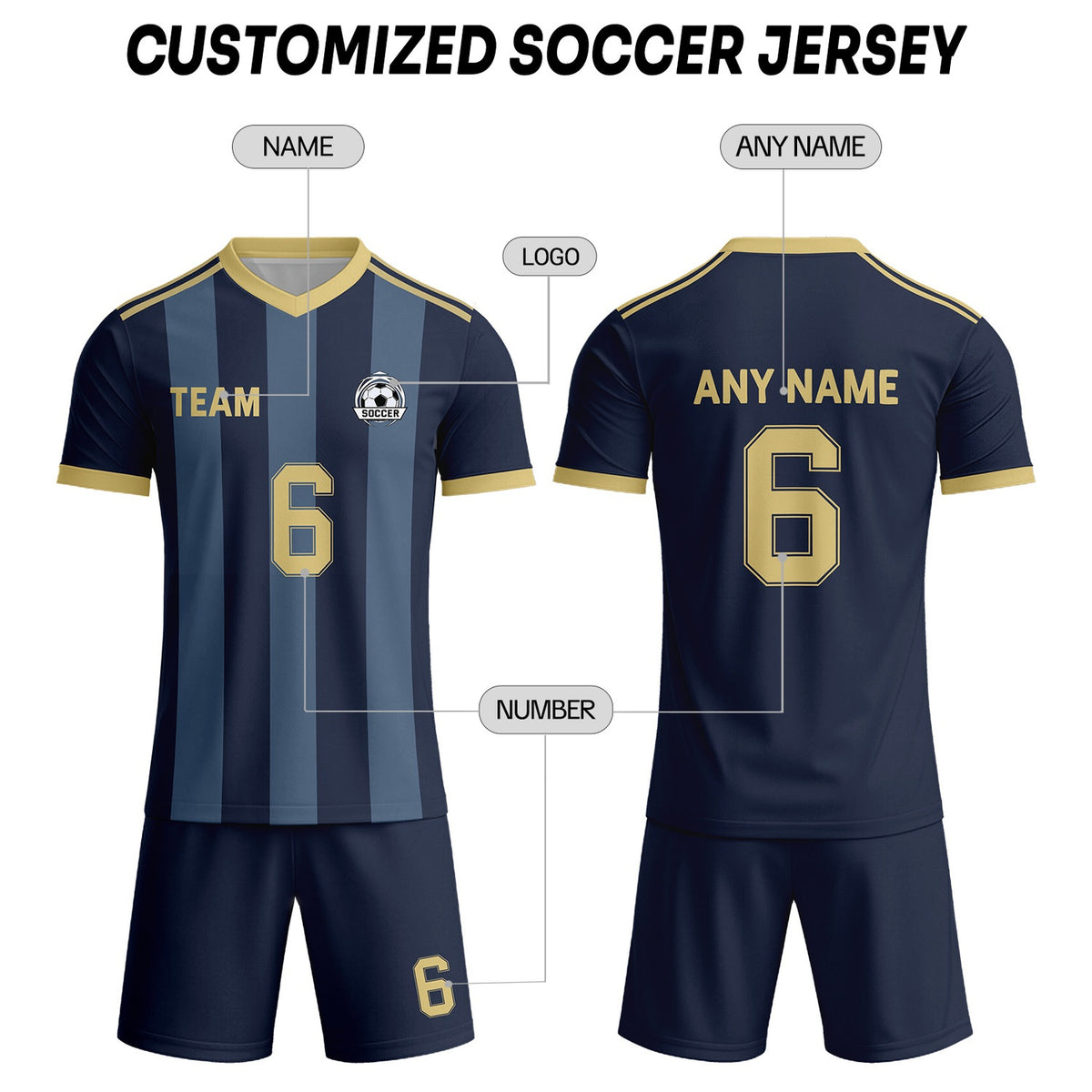 Custom Navy Blue & Gold Striped Soccer Uniform Set for Teams & Individuals | Vosoli