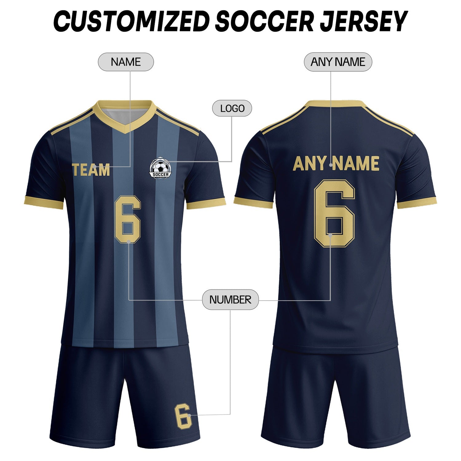 Custom Navy Blue & Gold Striped Soccer Uniform Set for Teams & Individuals | Vosoli