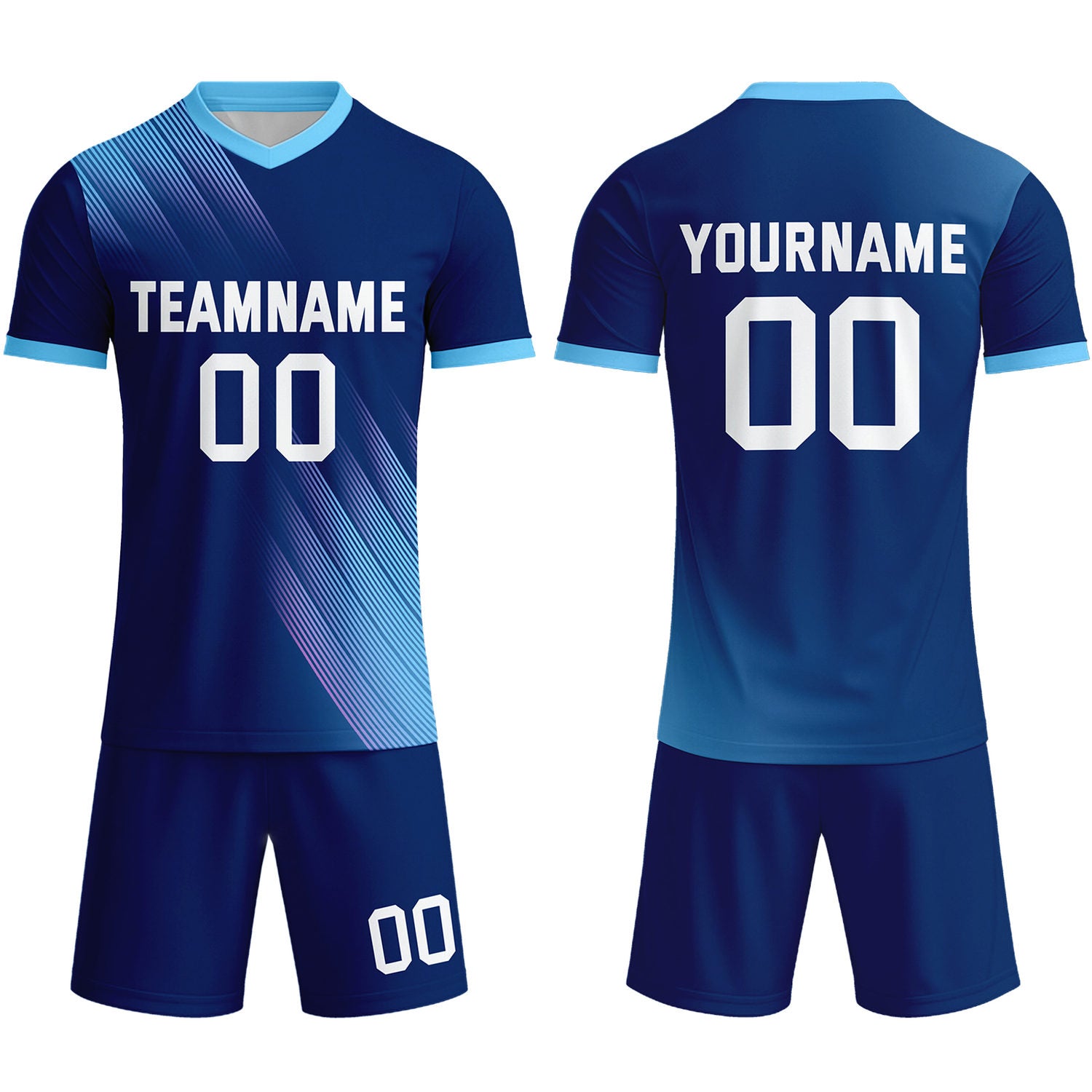Custom Navy & Light Blue Stripe Soccer Uniform Set (Jersey + Shorts) for Teams & Individuals | Vosoli