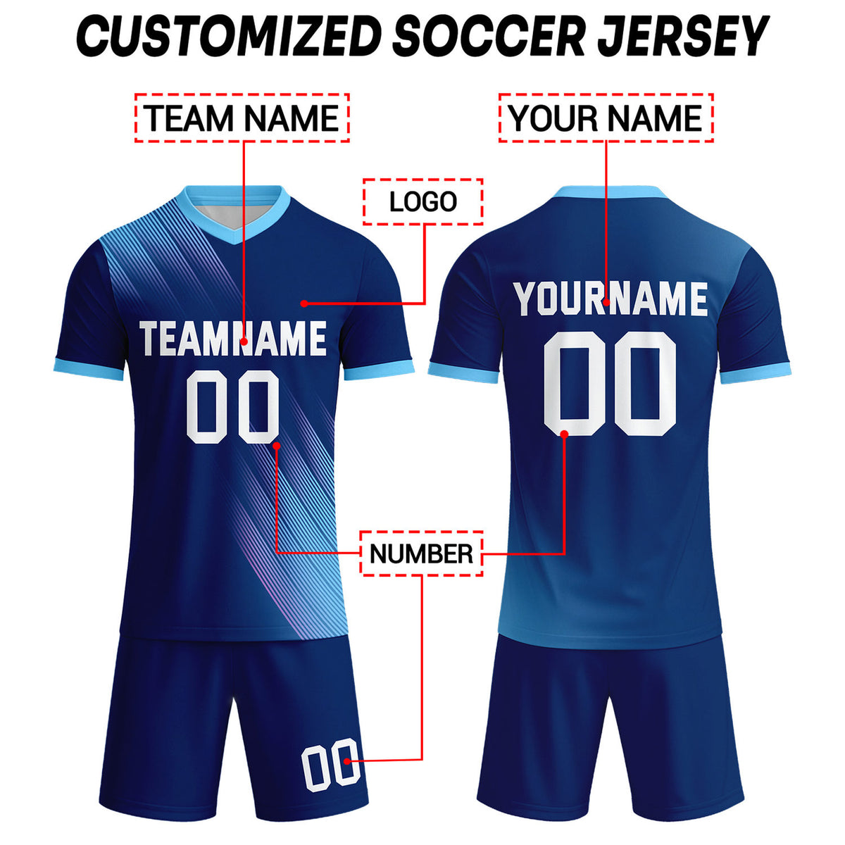 Custom Navy & Light Blue Stripe Soccer Uniform Set (Jersey + Shorts) for Teams & Individuals | Vosoli