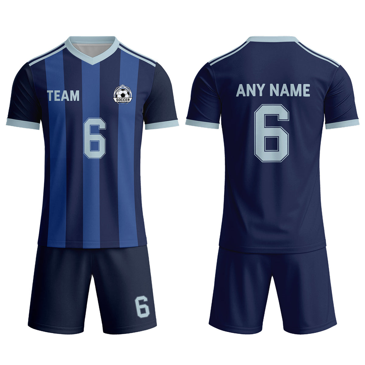 Custom Navy Blue &amp; Light Blue Striped Soccer Uniform Set for Teams &amp; Individuals | Vosoli