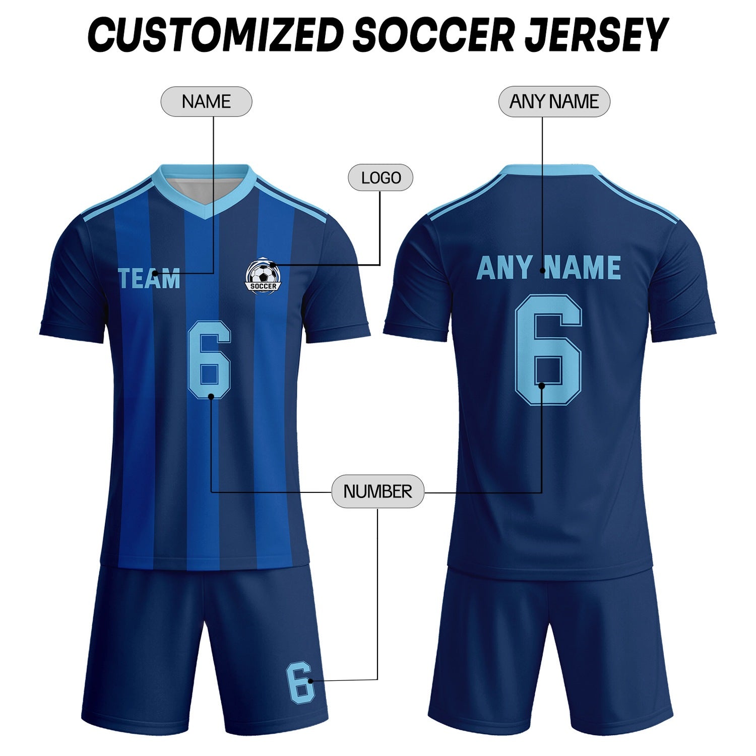 Custom Navy Blue & Light Blue Striped Soccer Uniform Set for Teams & Individuals | Vosoli