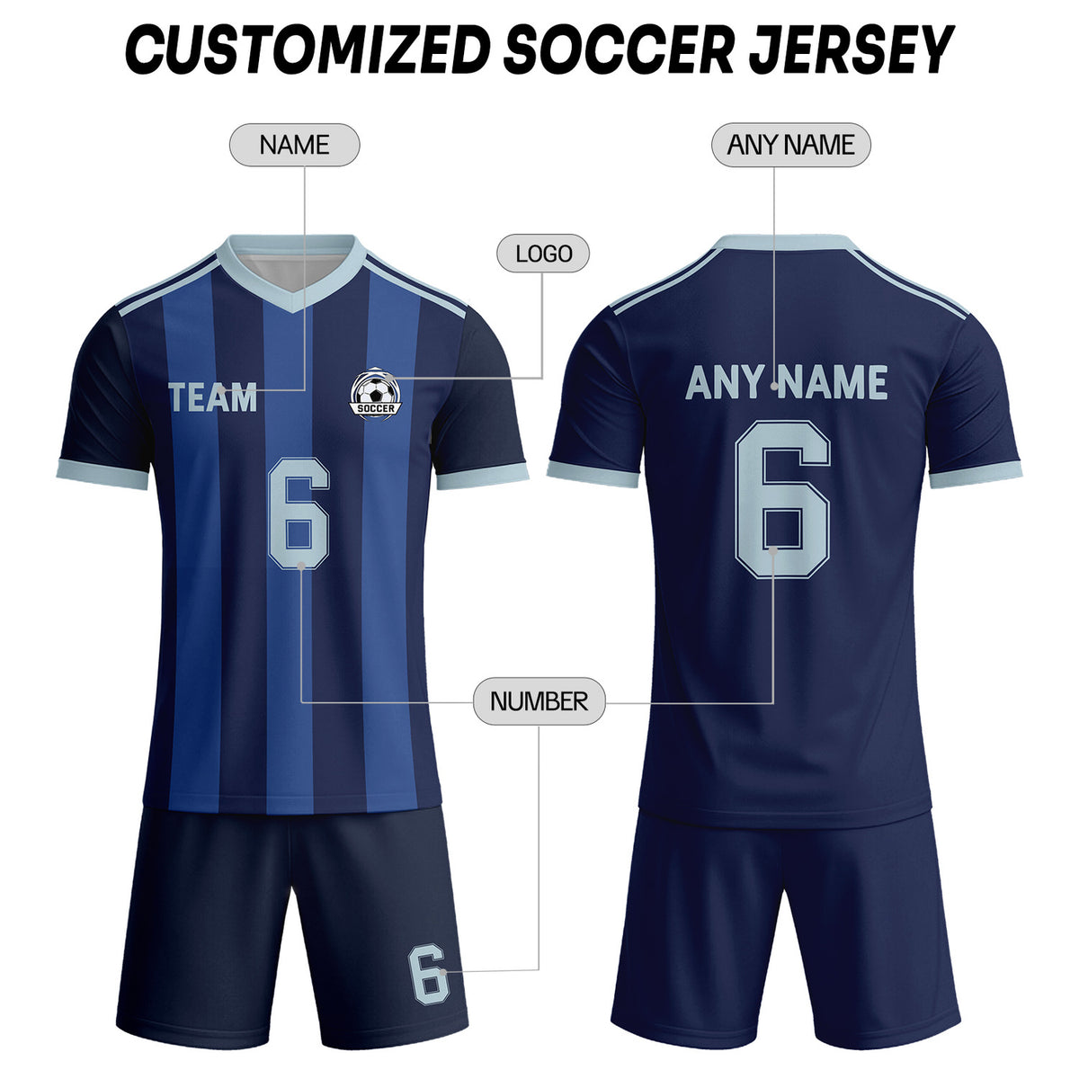 Custom Navy Blue & Light Blue Striped Soccer Uniform Set for Teams & Individuals | Vosoli