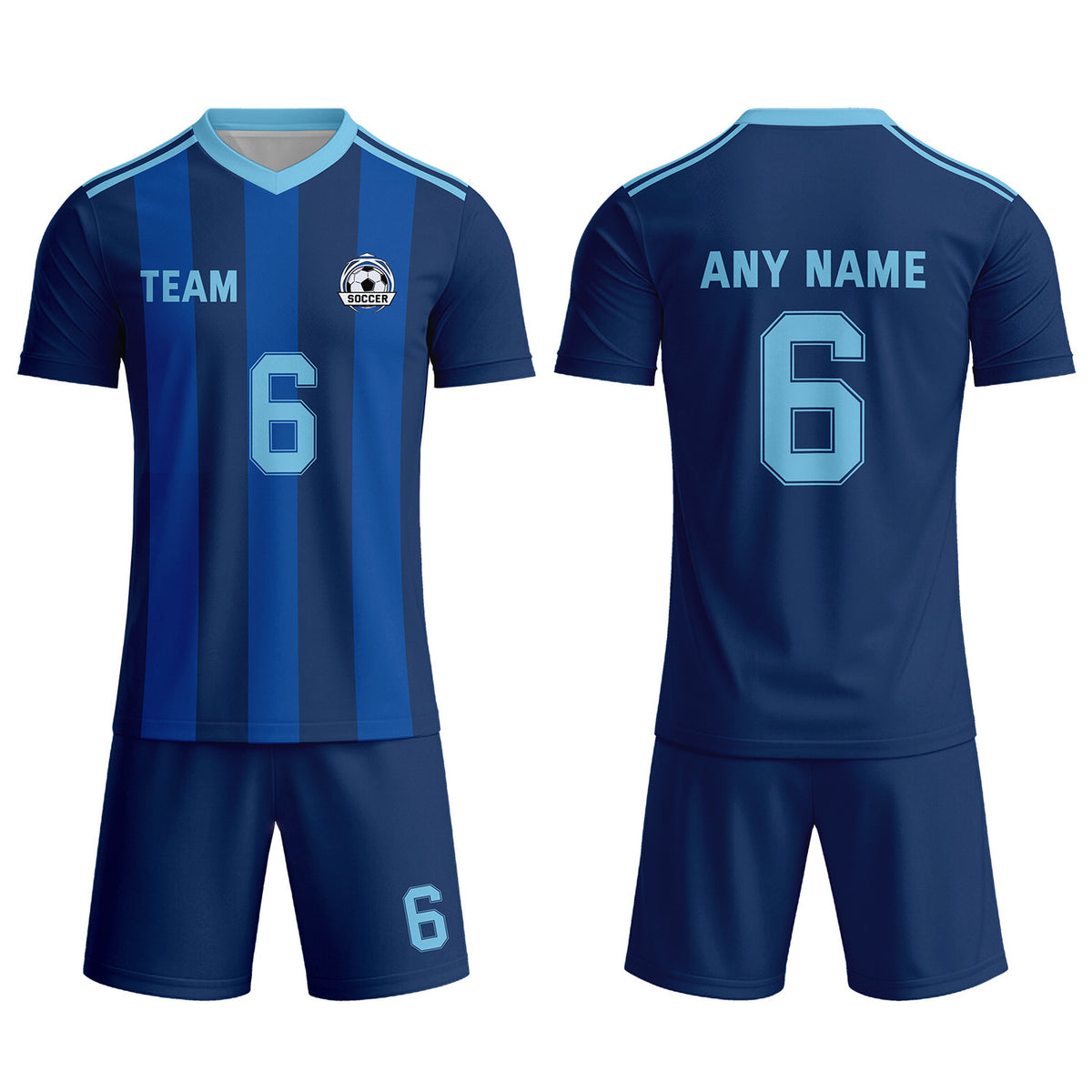 Custom Navy Blue &amp; Light Blue Striped Soccer Uniform Set for Teams &amp; Individuals | Vosoli