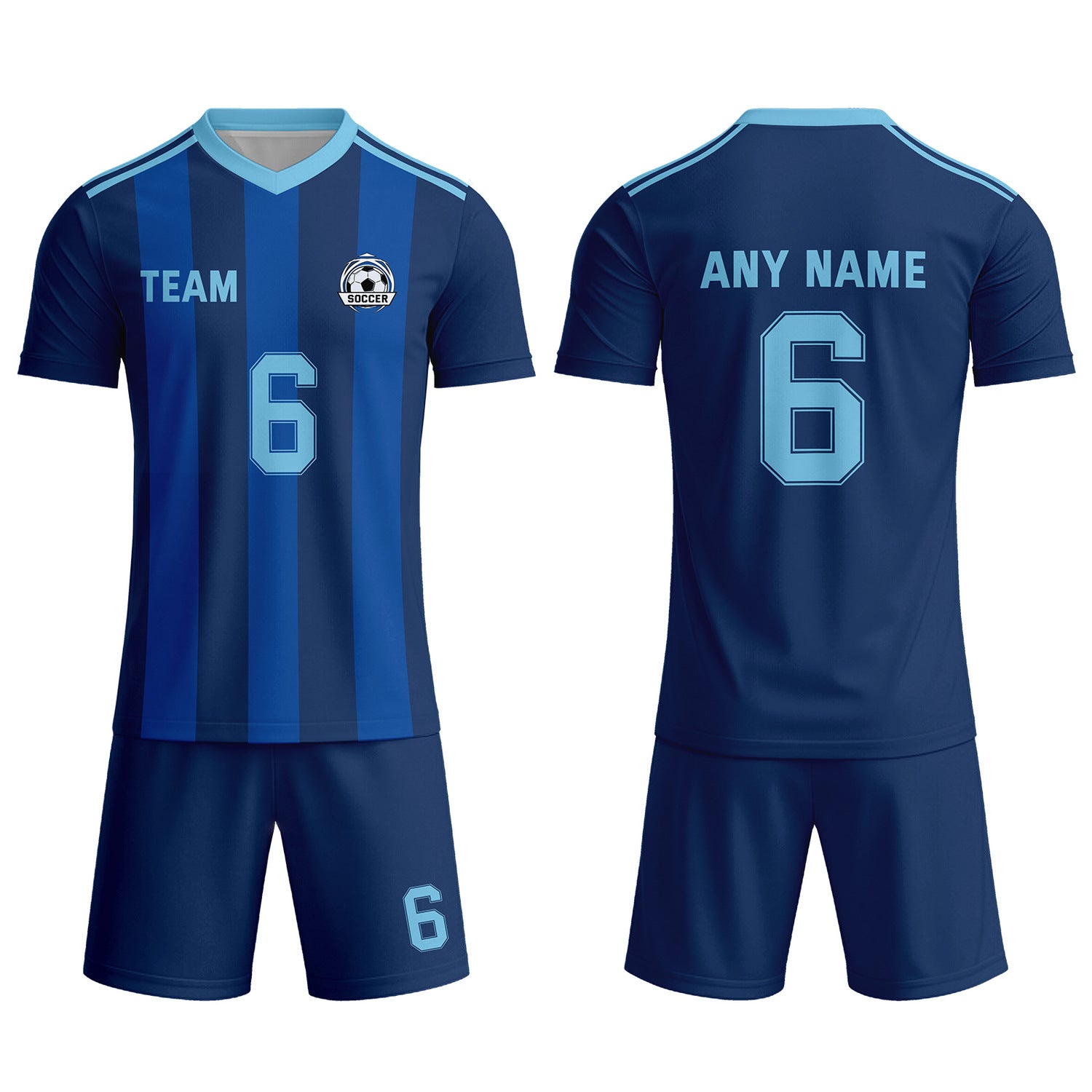 Custom Navy Blue & Light Blue Striped Soccer Uniform Set for Teams & Individuals | Vosoli