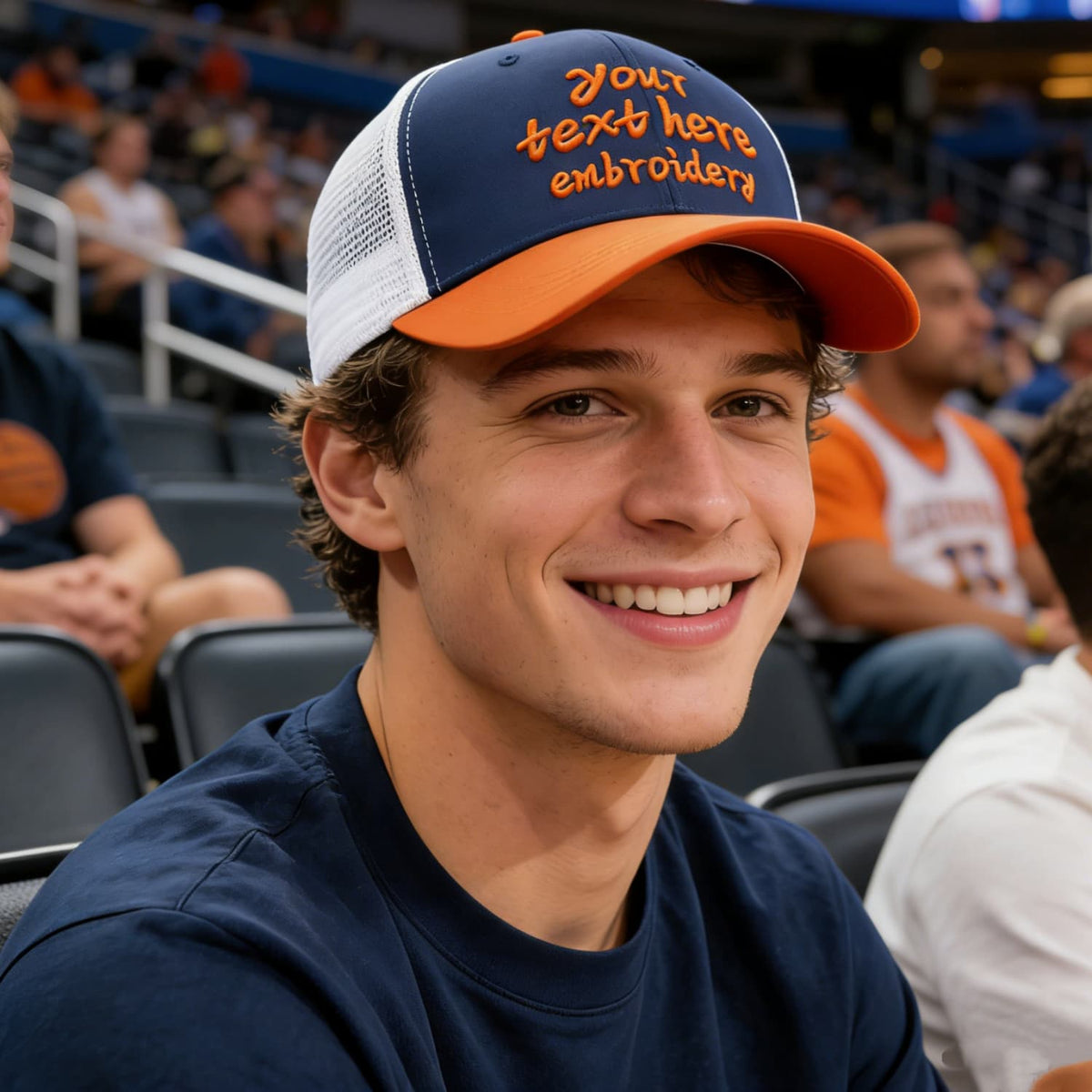 Vosoli Navy Blue & Orange Two-Tone Trucker Hat - Unisex Custom 3D Embroidery or Print