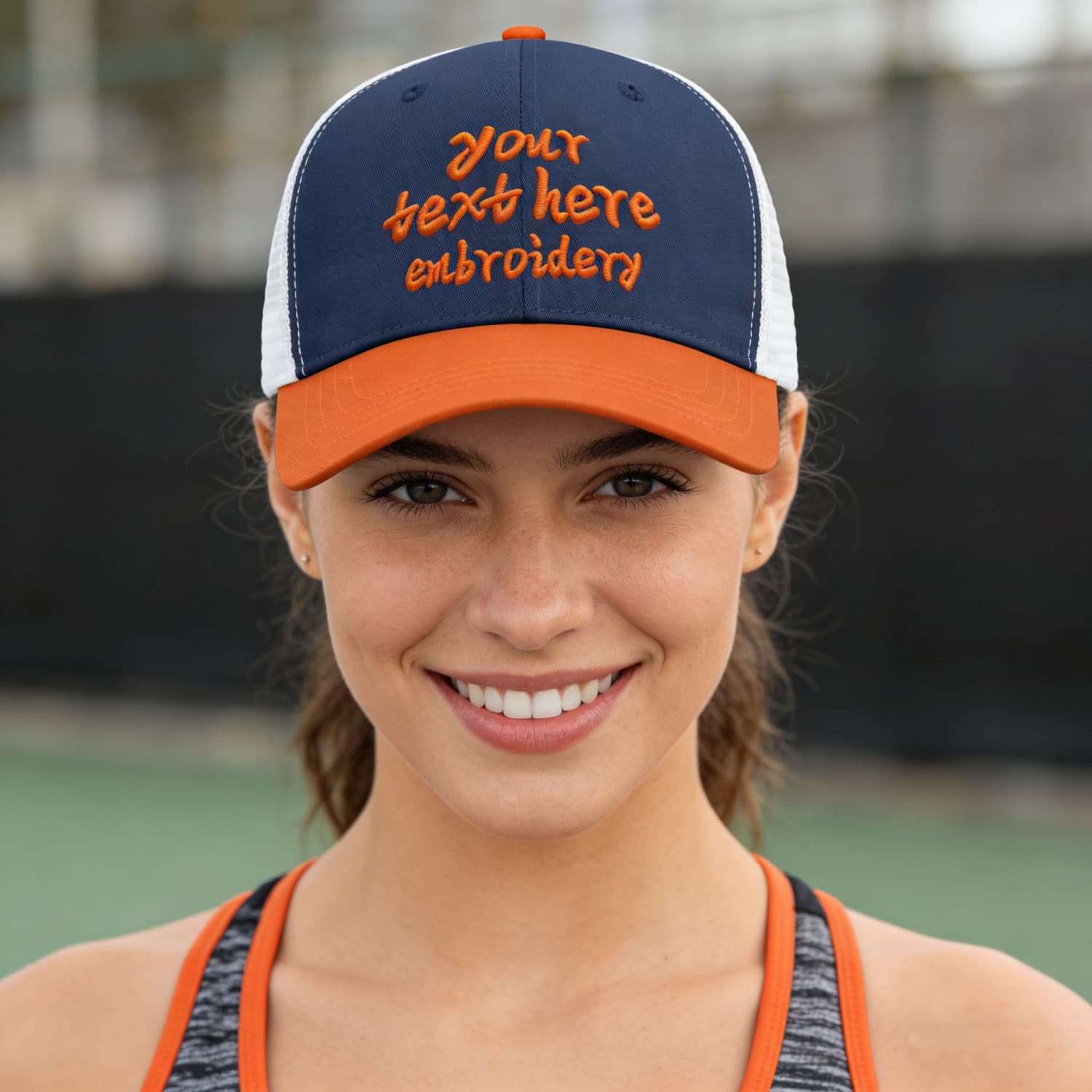 Vosoli Navy Blue & Orange Two-Tone Trucker Hat - Unisex Custom 3D Embroidery or Print