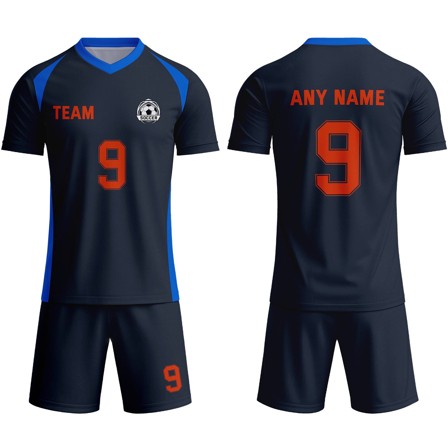 Custom Navy Blue & Orange Soccer Uniform Set - Personalized Team Name & Number | Vosoli