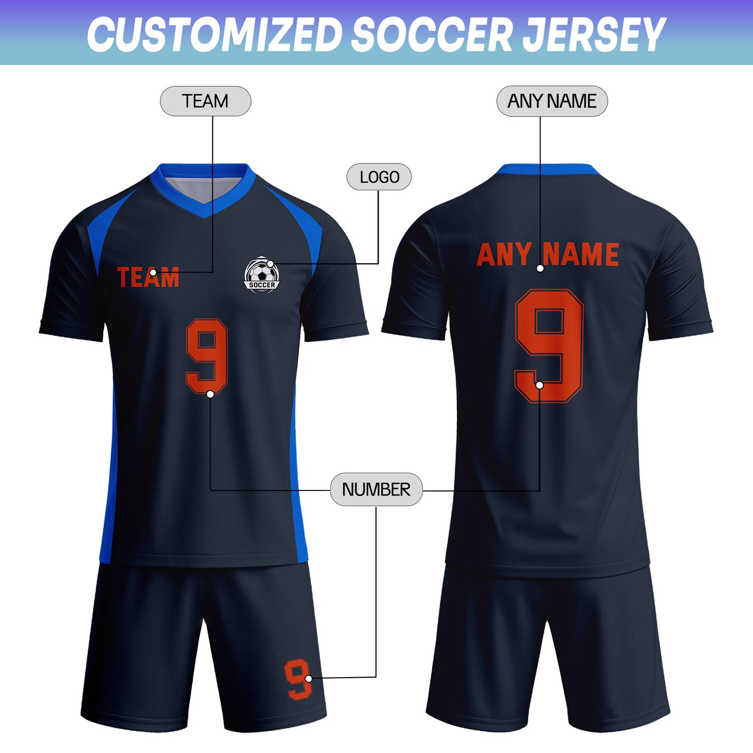 Custom Navy Blue & Orange Soccer Uniform Set - Personalized Team Name & Number | Vosoli