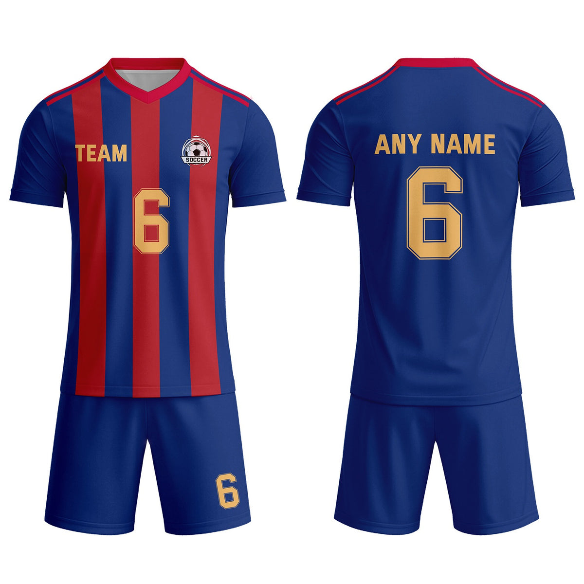 Custom Navy Blue &amp; Red-Gold Striped Soccer Uniform Set for Teams &amp; Individuals | Vosoli