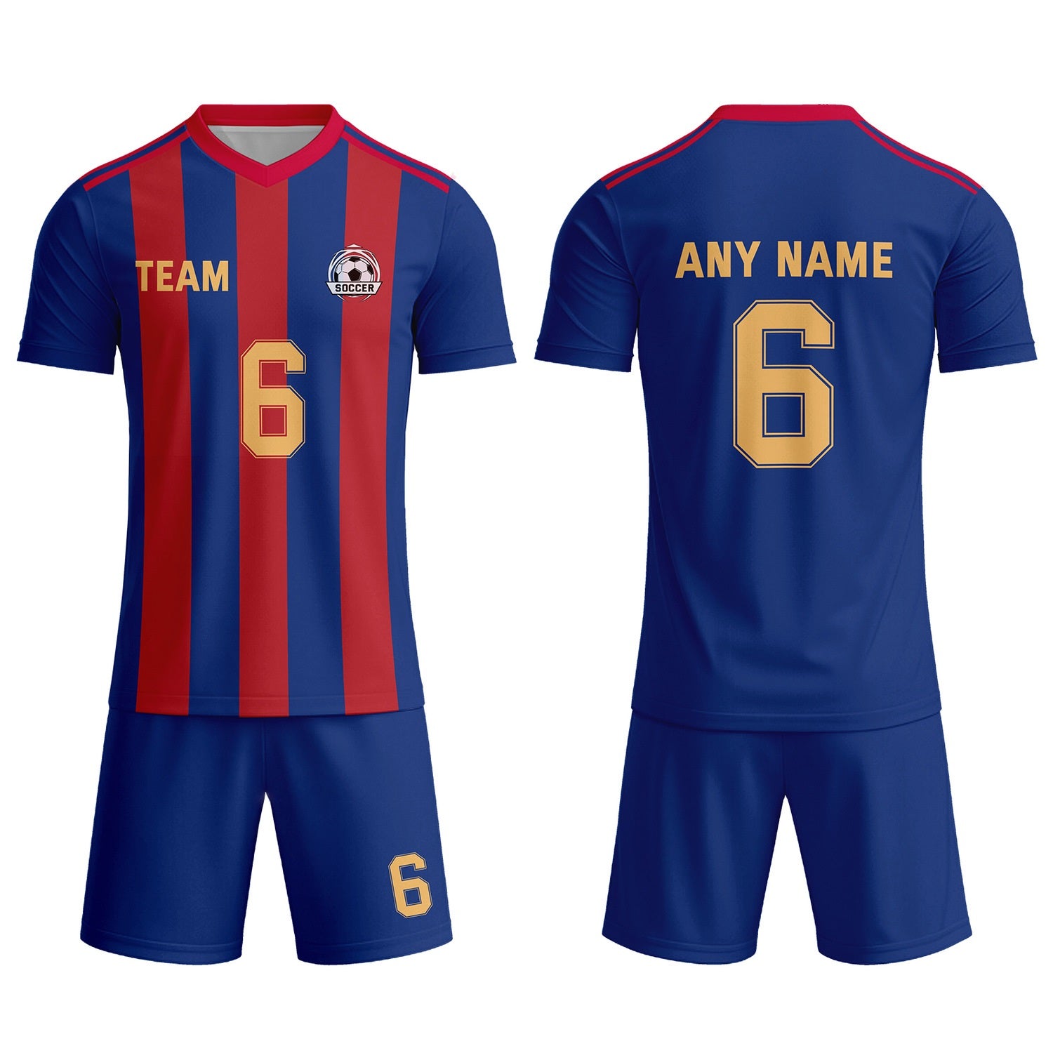 Custom Navy Blue & Red-Gold Striped Soccer Uniform Set for Teams & Individuals | Vosoli