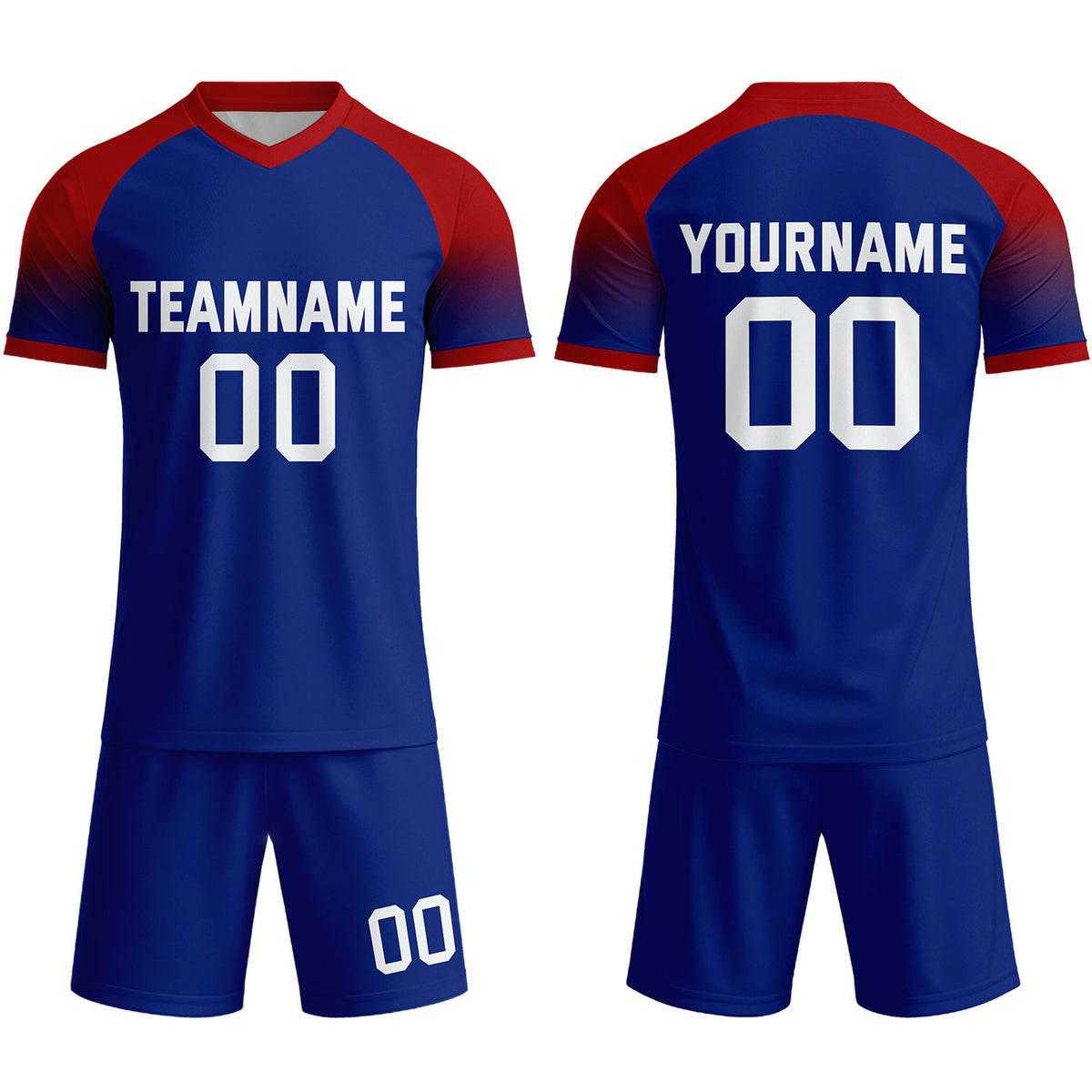 Custom Navy Blue &amp; Red Raglan Sleeve Soccer Uniform Set for Teams &amp; Individuals | Vosoli