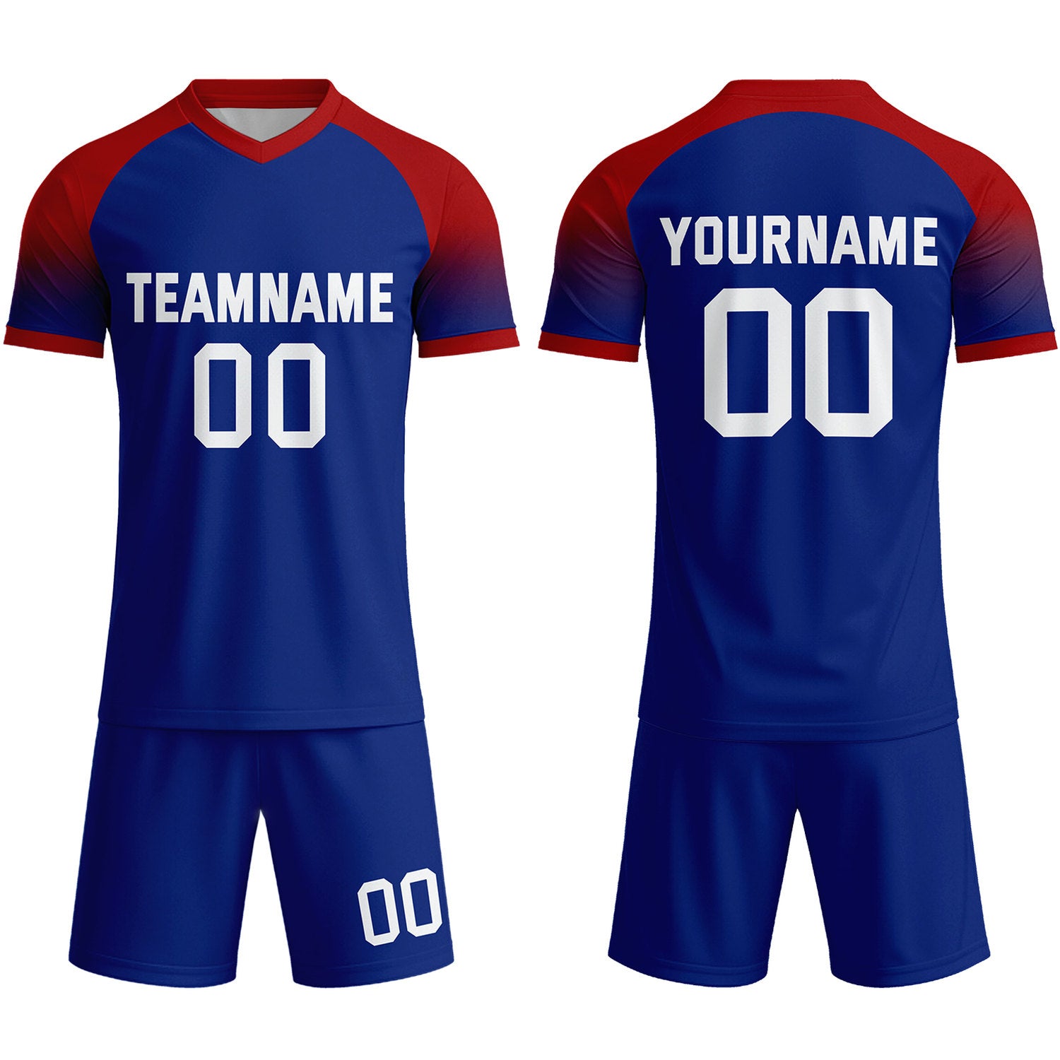 Custom Navy Blue & Red Raglan Sleeve Soccer Uniform Set for Teams & Individuals | Vosoli