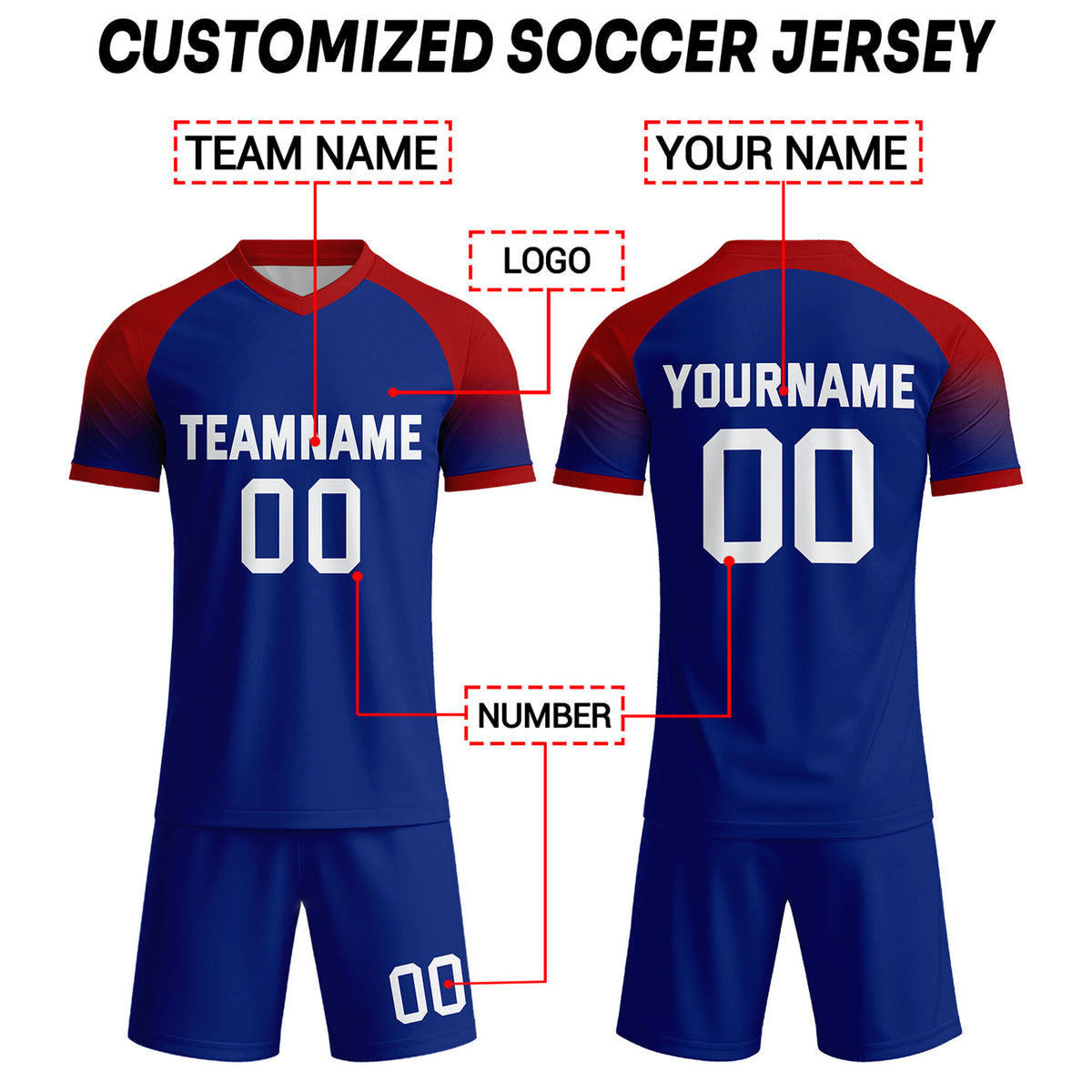 Custom Navy Blue & Red Raglan Sleeve Soccer Uniform Set for Teams & Individuals | Vosoli