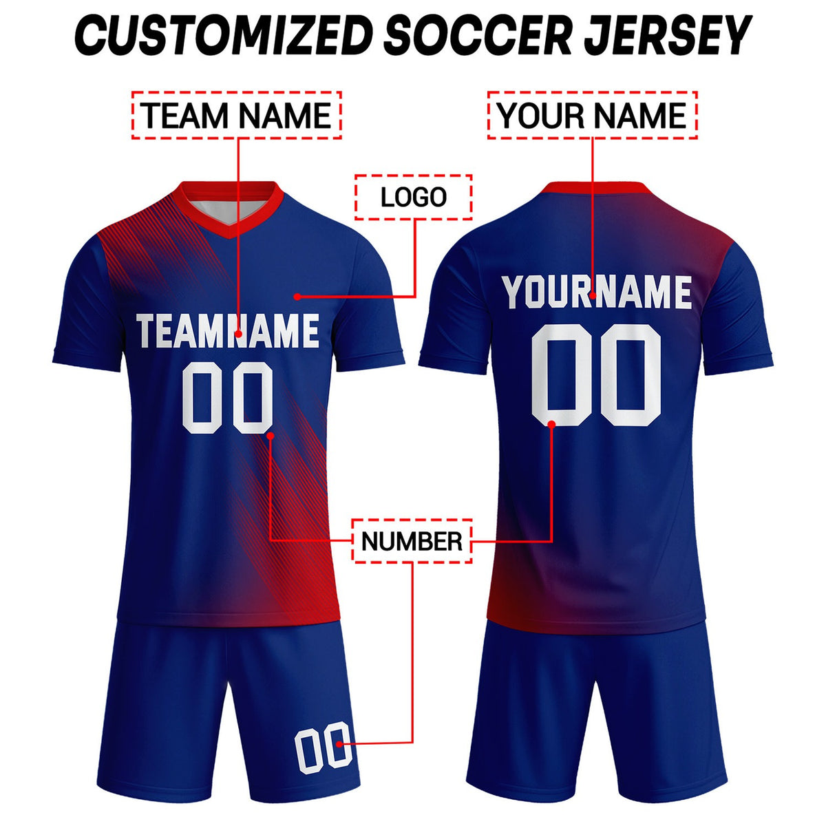 Custom Navy Blue & Red Stripe Soccer Uniform Set for Teams & Individuals | Vosoli
