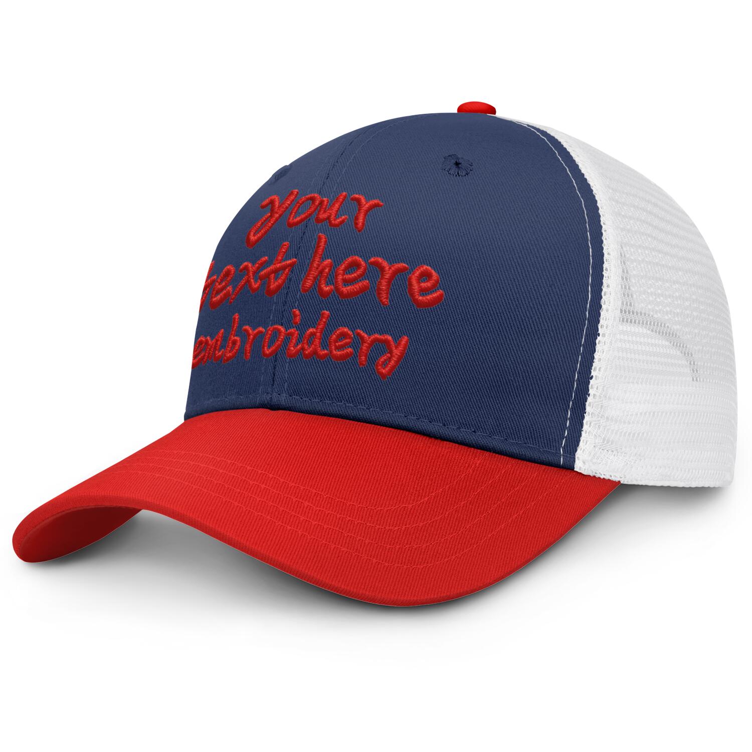 Vosoli Navy Blue & Red Two-Tone Trucker Hat - Unisex Custom 3D Embroidery or Print