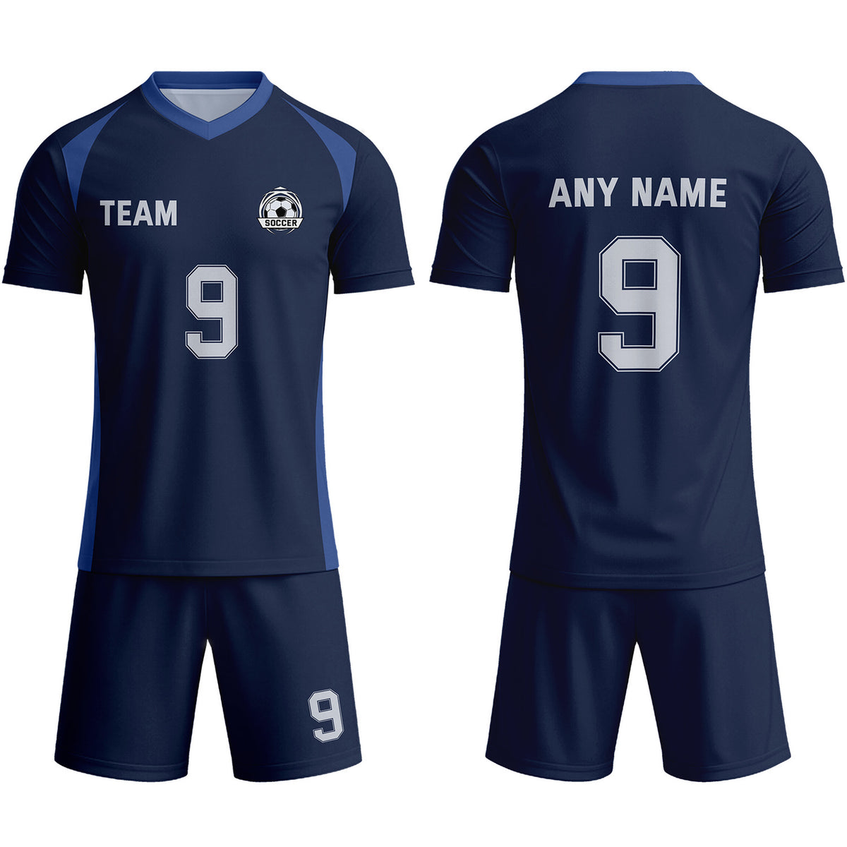 Custom Navy Blue &amp; Silver Soccer Uniform Set - Personalized Team Name &amp; Number | Vosoli