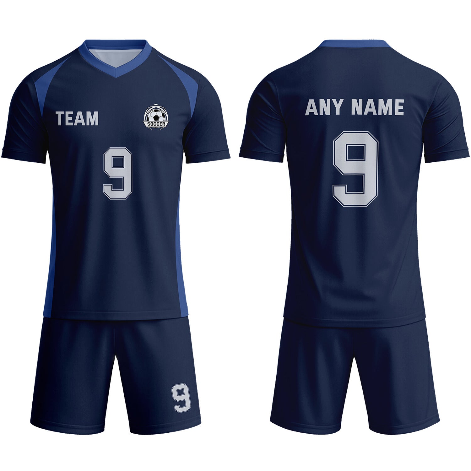 Custom Navy Blue & Silver Soccer Uniform Set - Personalized Team Name & Number | Vosoli