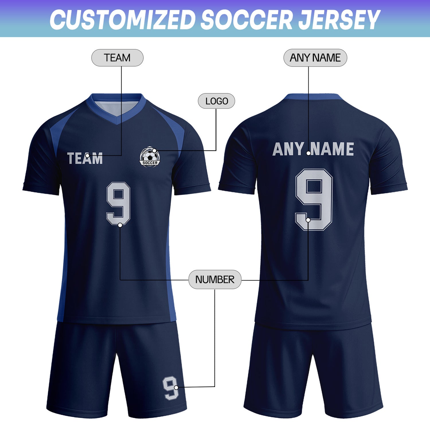 Custom Navy Blue & Silver Soccer Uniform Set - Personalized Team Name & Number | Vosoli