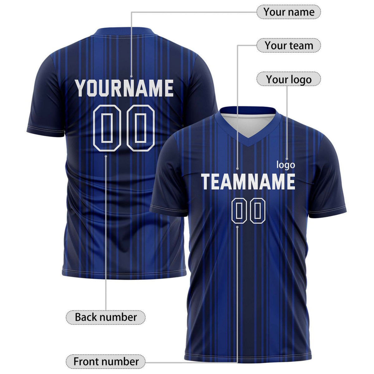 Custom Navy Blue Vertical Stripe Soccer Jersey for Teams & Individuals | Vosoli