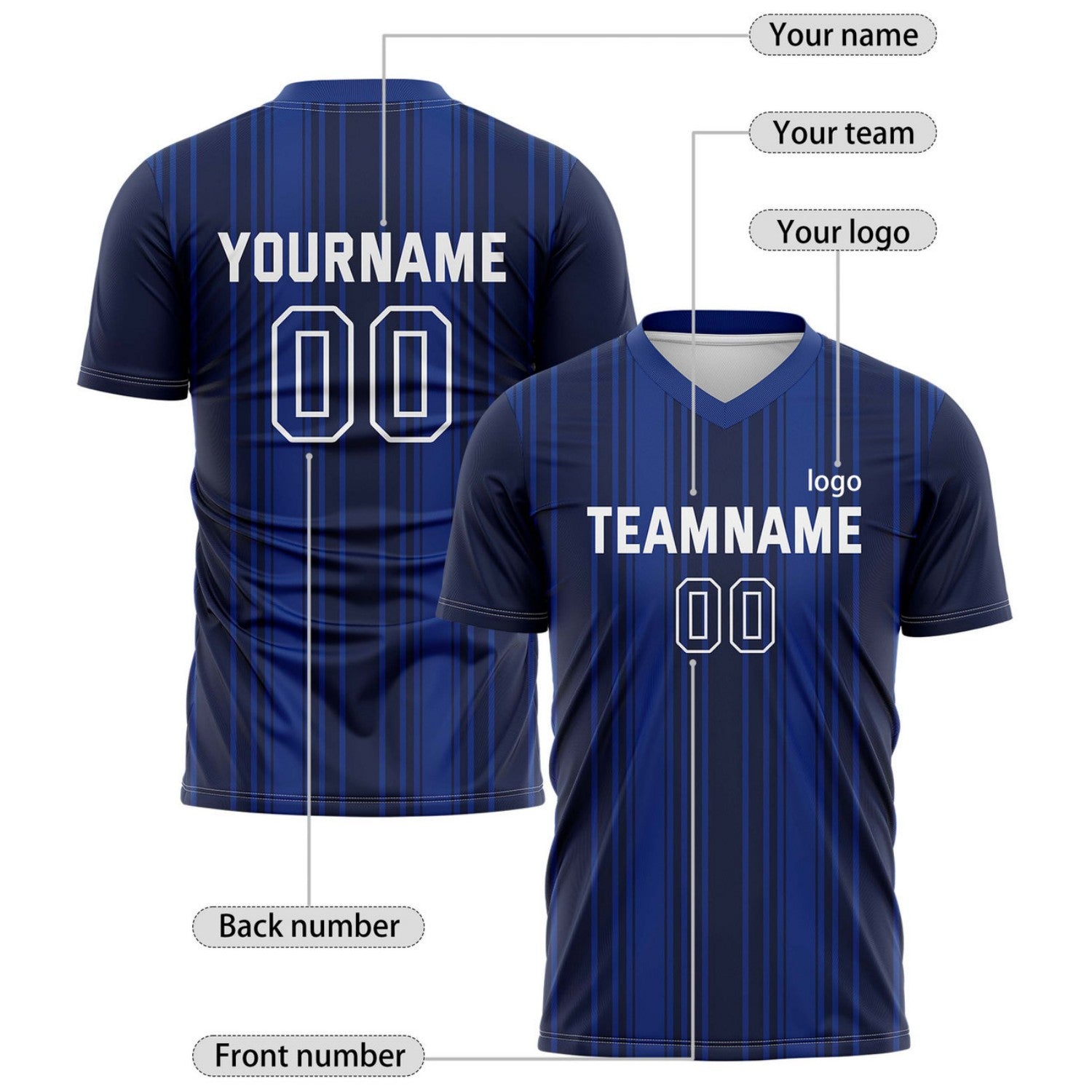 Custom Navy Blue Vertical Stripe Soccer Jersey for Teams & Individuals | Vosoli