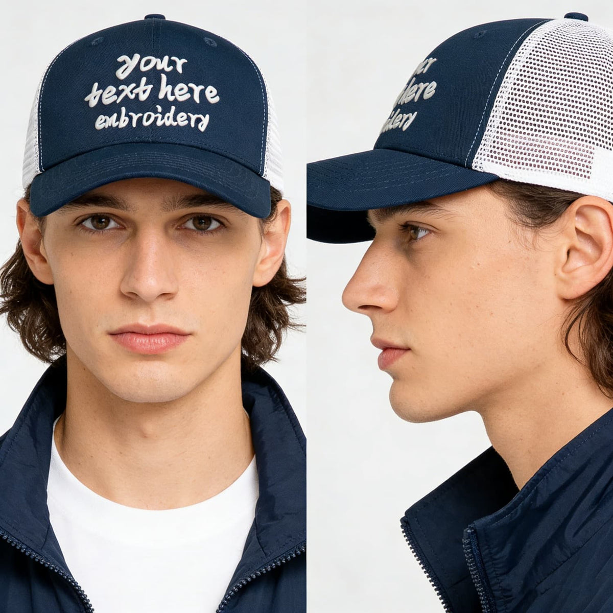 Vosoli Navy Blue & White Mesh-Back Trucker Cap - Unisex Personal & Team Custom 3D Embroidery or Print Hat