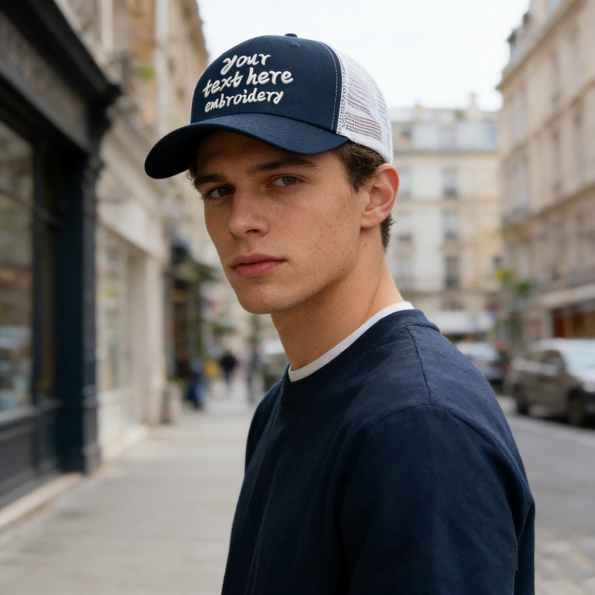 Vosoli Navy Blue & White Mesh-Back Trucker Cap - Unisex Personal & Team Custom 3D Embroidery or Print Hat