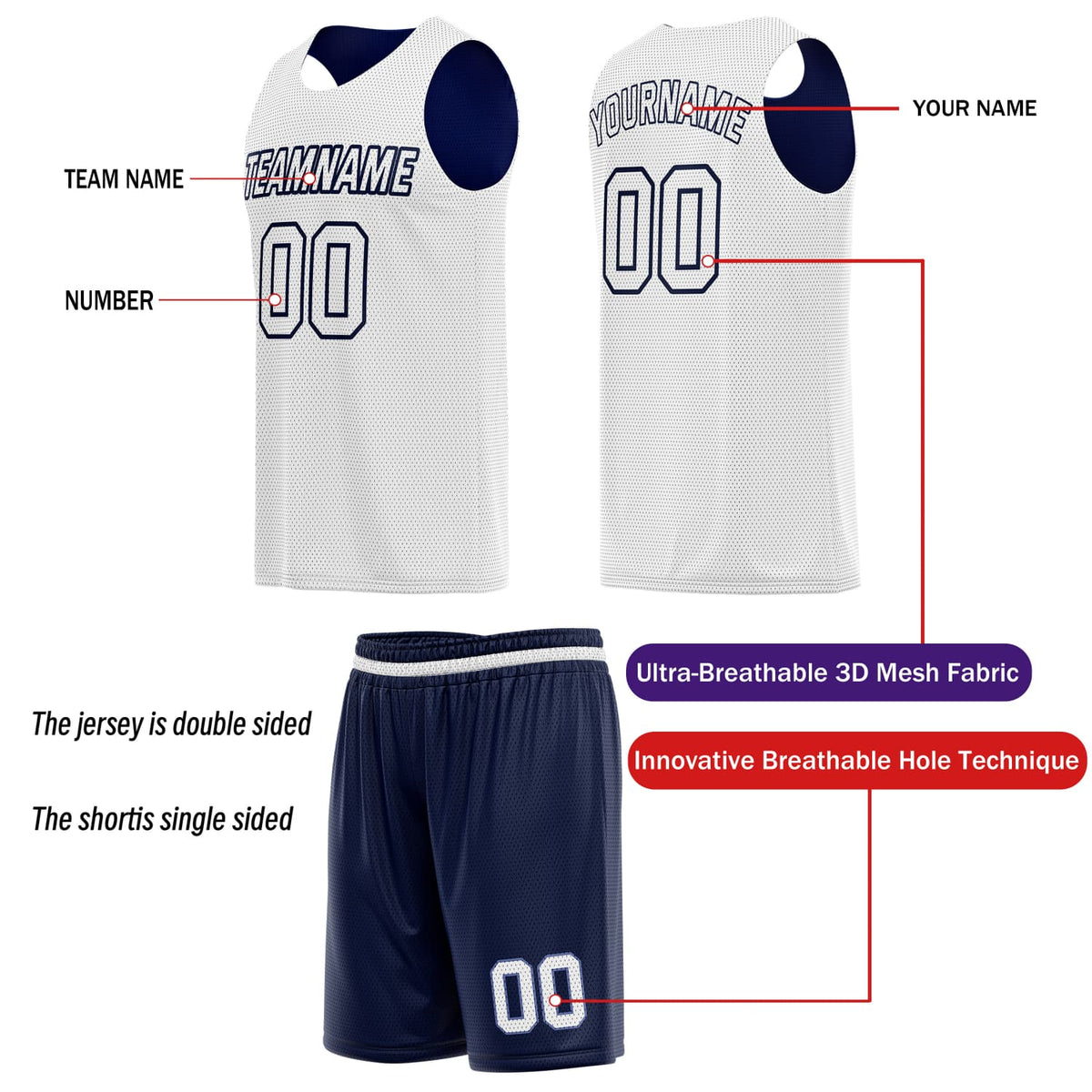 Custom Reversible Basketball Jersey & Shorts Set for Individuals & Teams – Navy Blue White | Vosoli