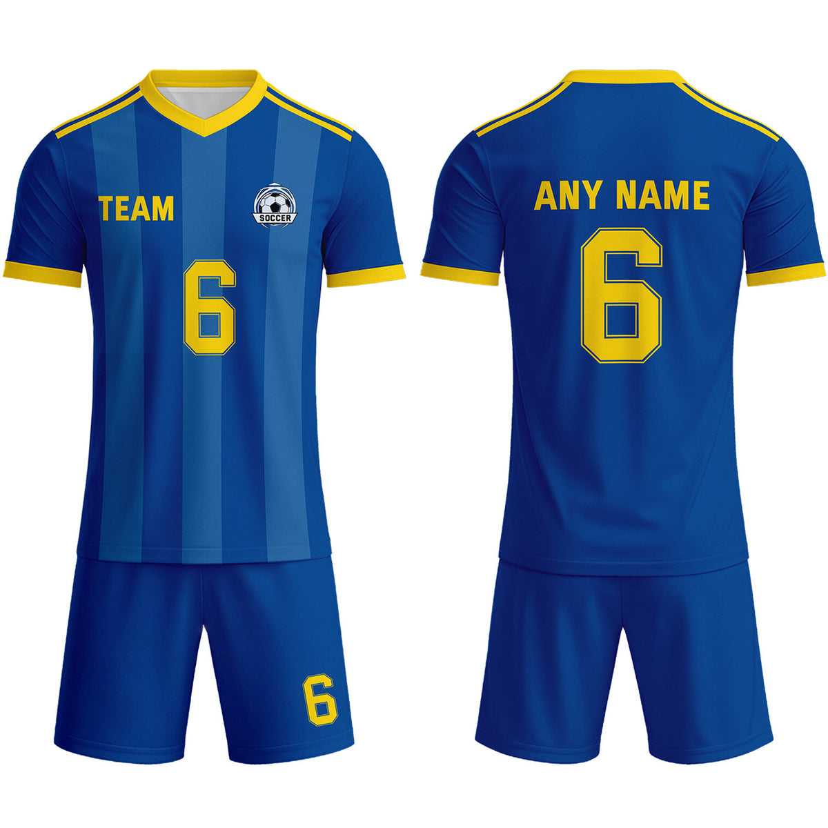 Custom Navy Blue &amp; Yellow Striped Soccer Uniform Set for Teams &amp; Individuals | Vosoli