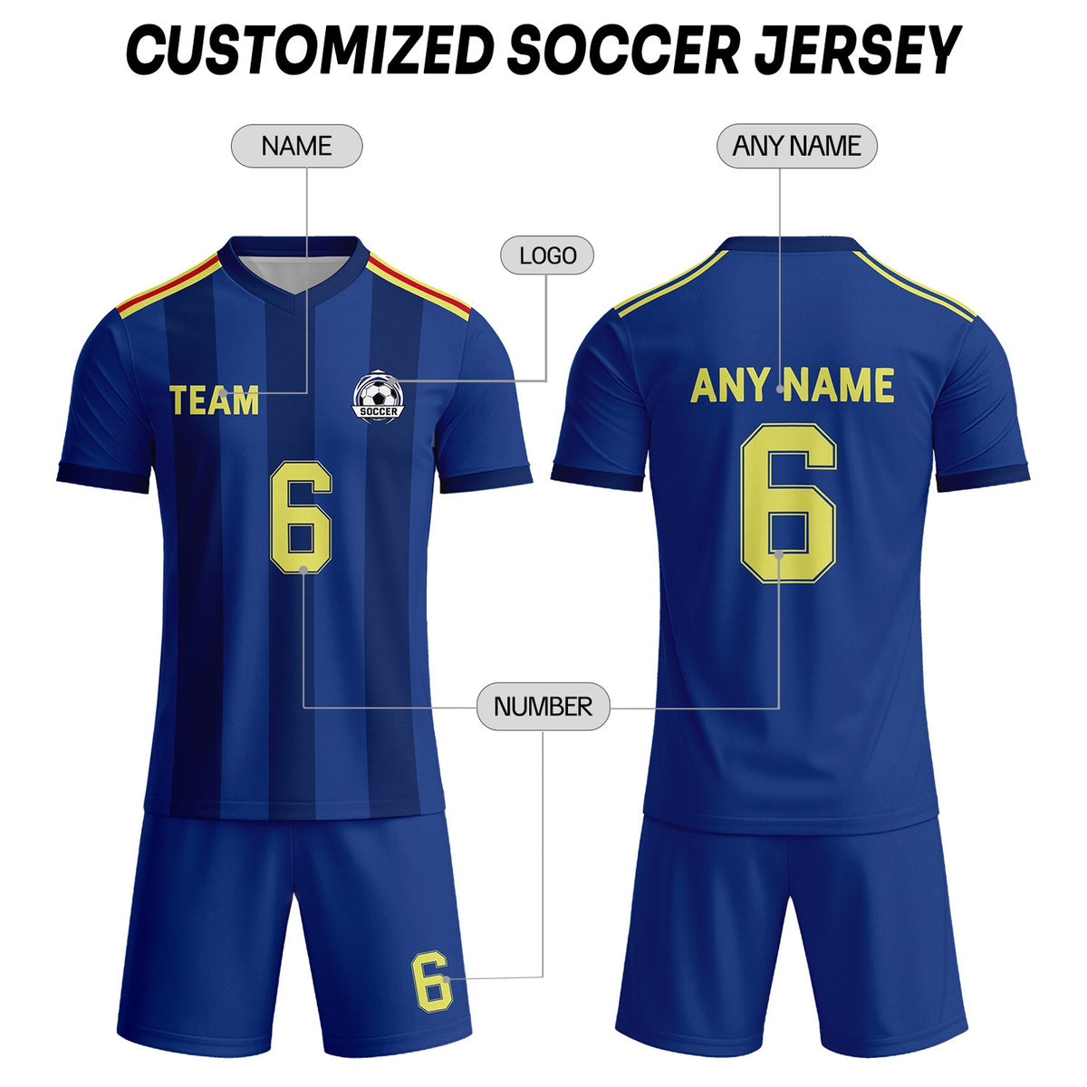 Custom Navy Blue & Yellow Striped Soccer Uniform Set for Teams & Individuals | Vosoli