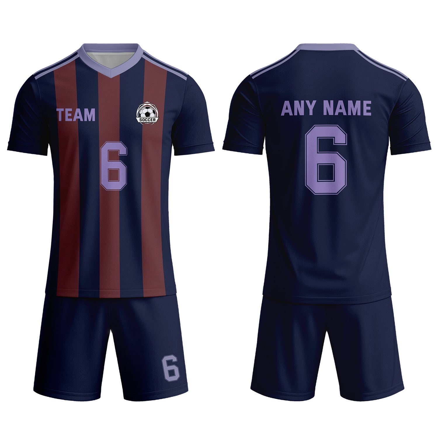 Custom Navy & Burgundy-Purple Striped Soccer Uniform Set for Teams & Individuals | Vosoli