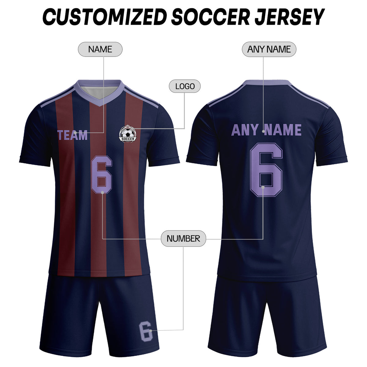 Custom Navy & Burgundy-Purple Striped Soccer Uniform Set for Teams & Individuals | Vosoli
