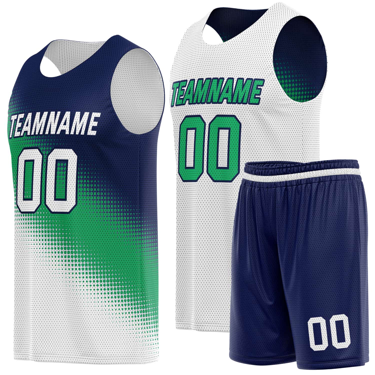 Custom Reversible Basketball Jersey & Shorts Set for Individuals & Teams – Navy Green White Dot Gradient | Vosoli