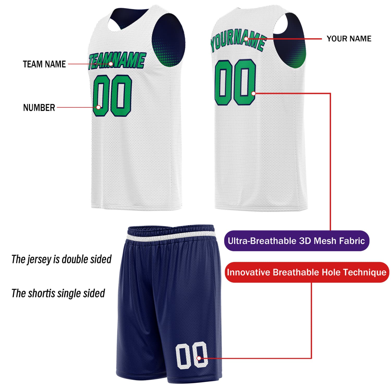 Custom Reversible Basketball Jersey & Shorts Set for Individuals & Teams – Navy Green White Dot Gradient | Vosoli