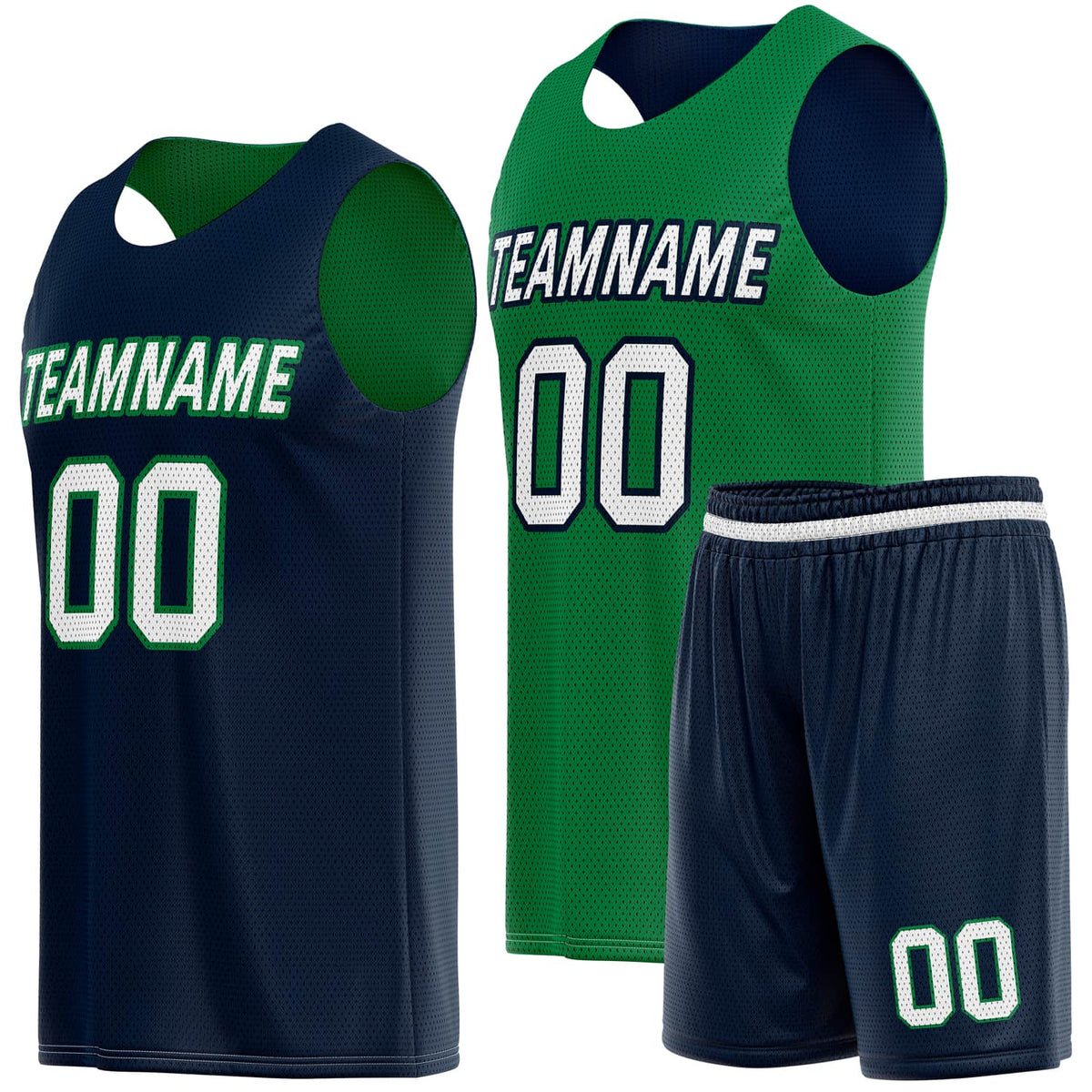 Custom Reversible Basketball Jersey &amp; Shorts Set for Individuals &amp; Teams – Navy Green White | Vosoli