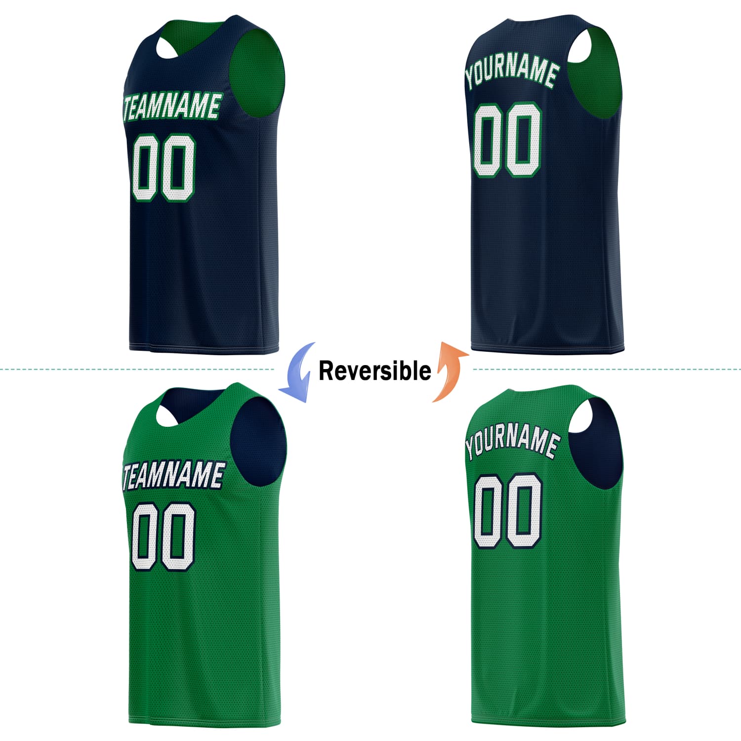 Custom Reversible Basketball Jersey & Shorts Set for Individuals & Teams – Navy Green White | Vosoli